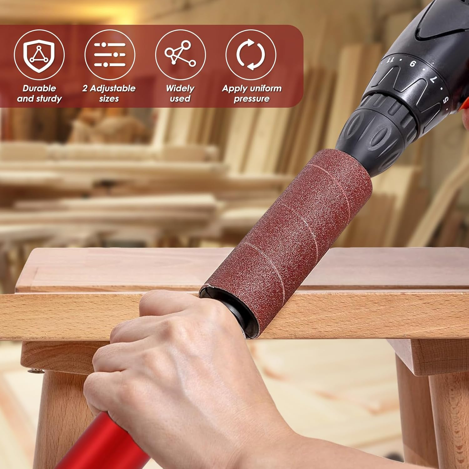 Abizarch Drum Sander Set Portable Rubber Sanding Drum Hand-Held Spindle Sanding Drum with 120 Grit Sandpaper Drum Sanding Sleeves Power Drill Driven Drum Sander for Wood Metal Plastic(Gules) image number 6