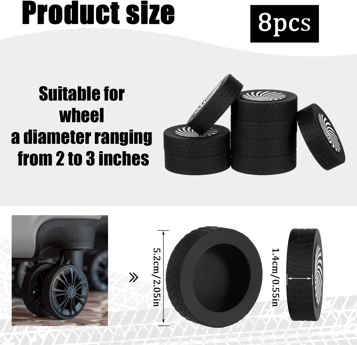 BOXOB 8Pcs Luggage Wheel Protector Covers, 2.05X0.55 Inch Silicone Suitcase Wheel Covers Black White Design Accessories Noise-Proof for Most Adult Children 8-Spinner Wheels Sleeve Suitcase image number 1