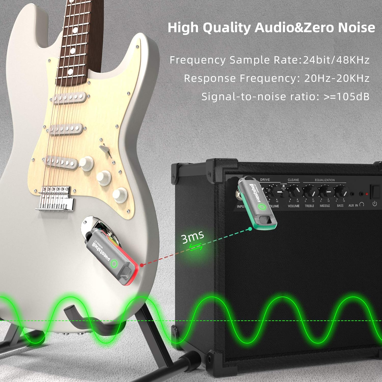 Wireless Guitar Transmitter Receiver, 1 Key to Switch Wireless Guitar System, Supports 10-Channel Transmission and Perfectly Compatible with Guitar Accessories with 6.35 Mm Audio Interface image number 1