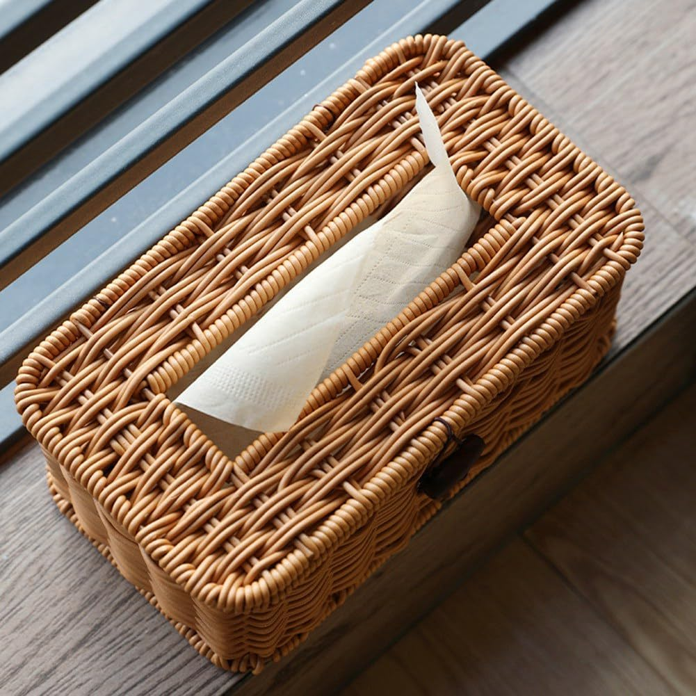 Elqater Rattan Rectangular Tissue Box Cover - Boho Decorative Woven Tissue Holder,Vintage Farmhouse Tissue Dispenser for Home Easy to Use image number 4