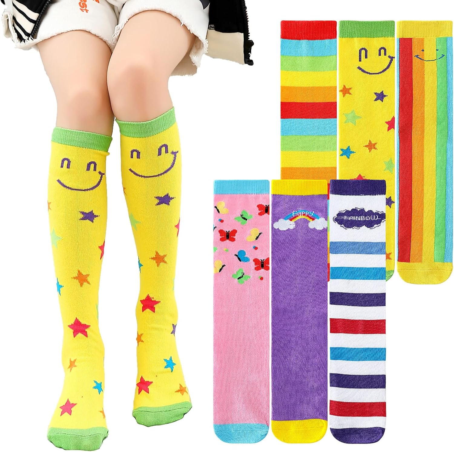 PHOGARY 6 Pairs Girls Knee High Socks, Cute Socks Colorful Cartoon Animal Warm Cotton Socks Crazy Funny Kids Odd Socks Mid Calf Long Boot Socks for 3-12 Years Girls, One Size (Rainbow), Rainbow, One image number 5