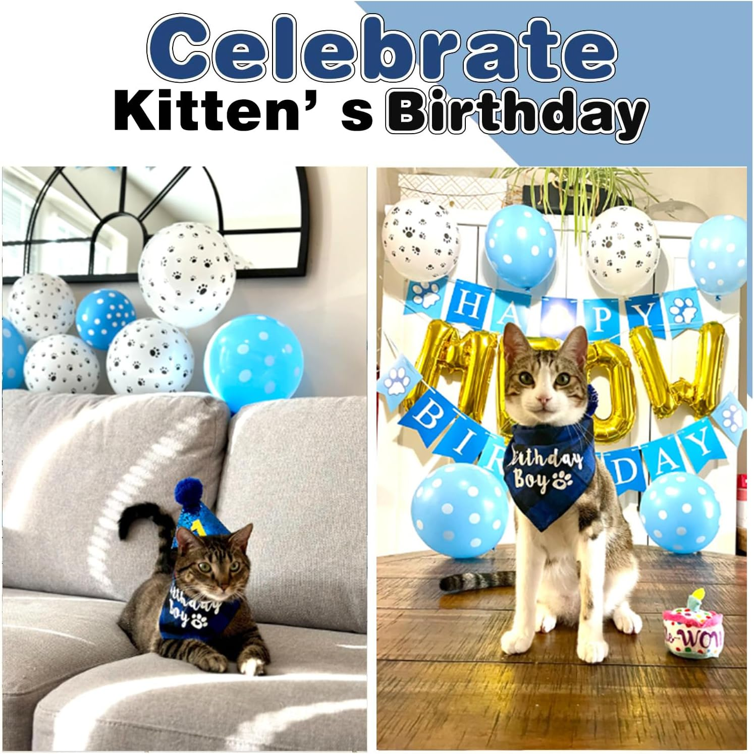 Cat Birthday Bandana, Cat Birthday Boy Girl Hat Scarfs Flag Balloon with Cute Doggie Birthday Party Supplies Decorations image number 4