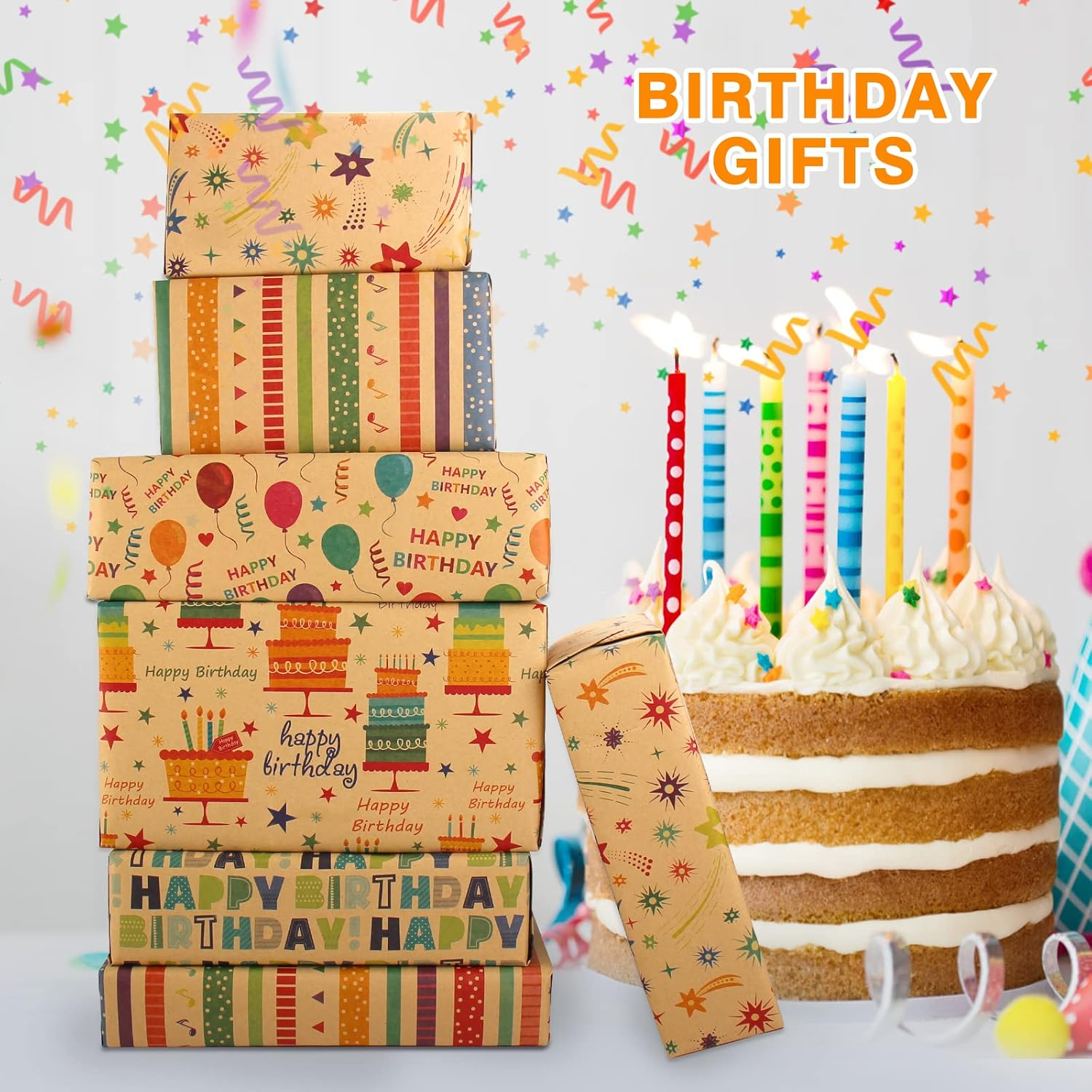 Wrapping Paper Sheets-Birthday Wrapping Paper for Women Men Girls Boys Female Male-Kraft Recycled Gift Wrapping Paper Set,Birthday Gift Wrap Paper and Tags and String for Present Wrapping Paper-Eco Wrapping Paper Birthday Paper Wrapping,Birthday Wrap Paper,5 Pack 50X70CM per Folded Sheet image number 6