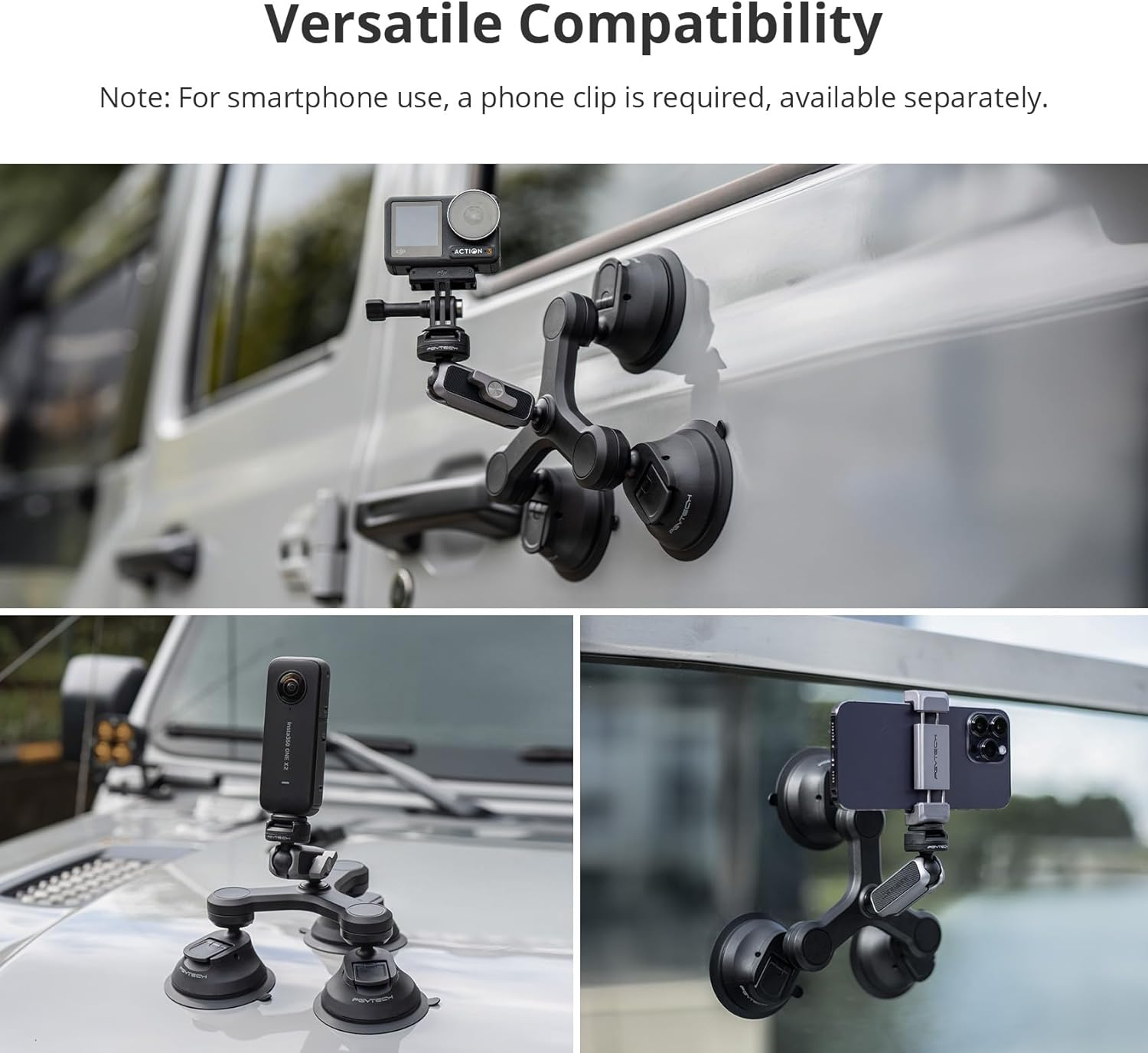 PGYTECH Caplock Triple Suction Cup Car Mount for DJI OSMO Action 5 Pro/4/3, for Gopro 13/12/11/10 with 1/4"-20 Standard Thread Adapter, Compatible with Insta360 Ace Pro 2/X4/X3, for OSMO Pocket 3/2 image number 4