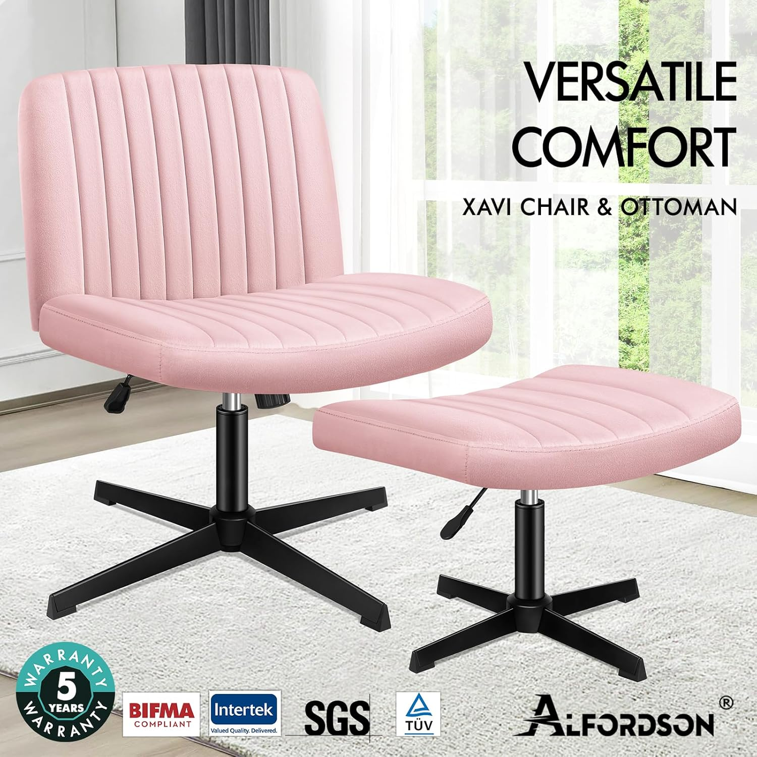 ALFORDSON Criss-Cross Desk Chair with Cross Leg Ottoman Stool, Xavi Series, Velvet Upholstery, Ergonomic Armless Office Chair with Channel-Tufted Mid-Back Design, 180Kg Capacity, Pink image number 5