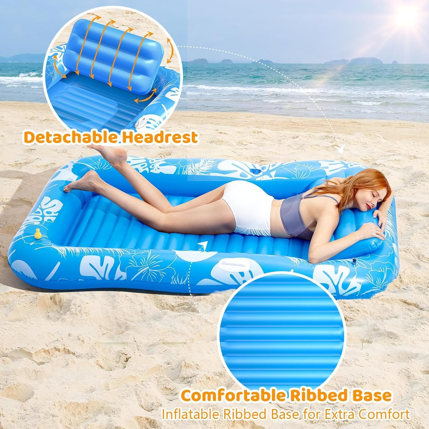 Inflatable Tanning Pool Lounger Float with Sprinkler, 214CM X 145CM Pool Floats Adult with Pillow, 6 in 1 Tub Raft Floatie with Drink Holder Sunbathing Water Lounge image number 3