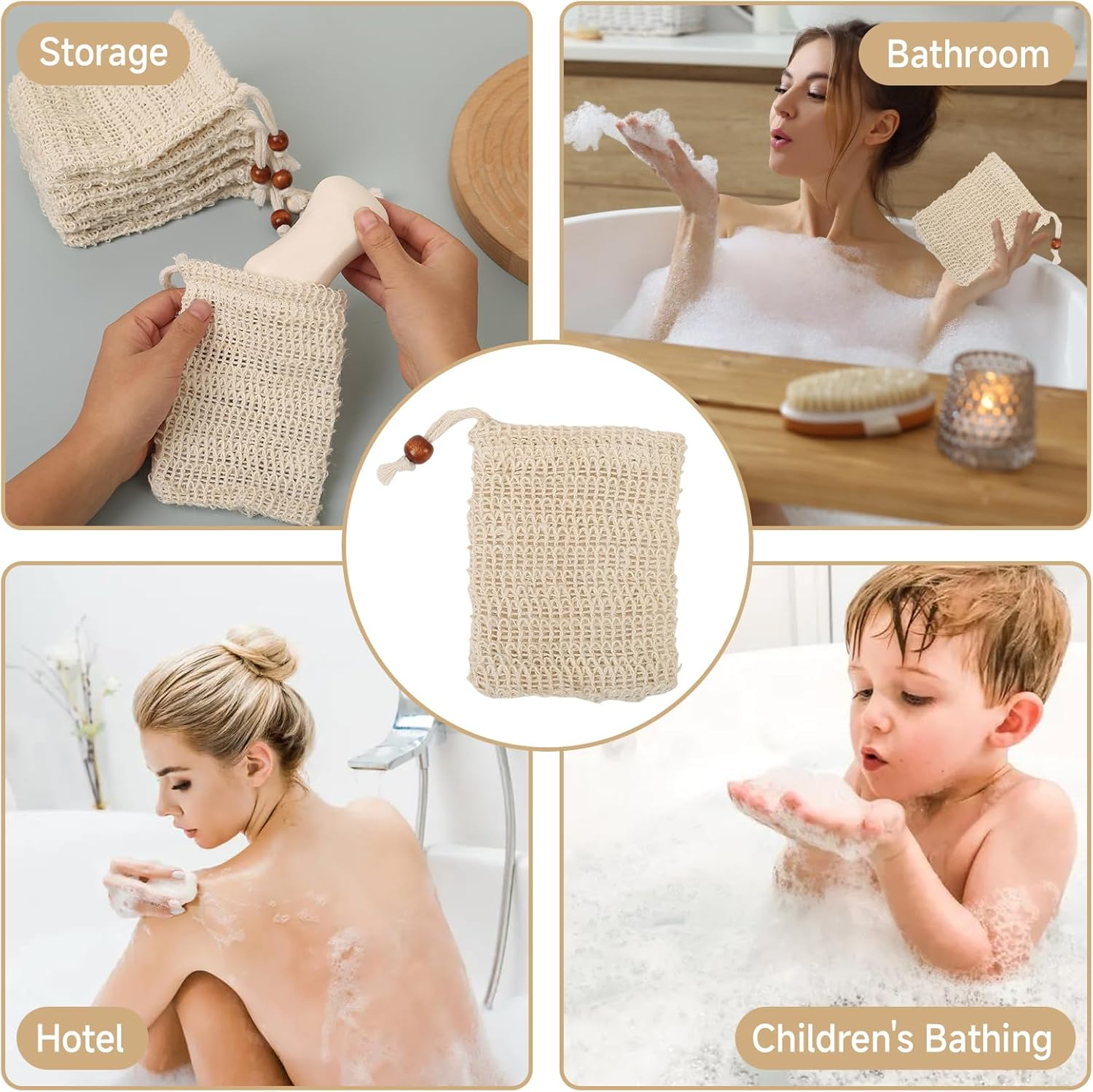 10 Pcs Soap Bag, Natural Ramie Soap Saver Bags, Handmade with Brown Bead Drawstring Exfoliating Foaming Pouch Mesh Holder Quick Drying Pouch for Shower Bath Travel & Daily Use Plastic-Free image number 4