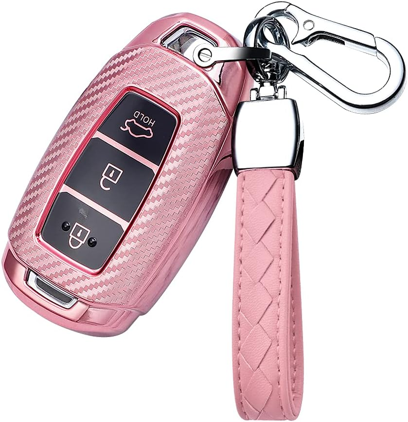 HIBEYO TPU Carbon Fiber Texture Car Key Fob Cover with Keychain Fits for Hyundai Solaris I20 Ix25 Creta Car Key Case Cover