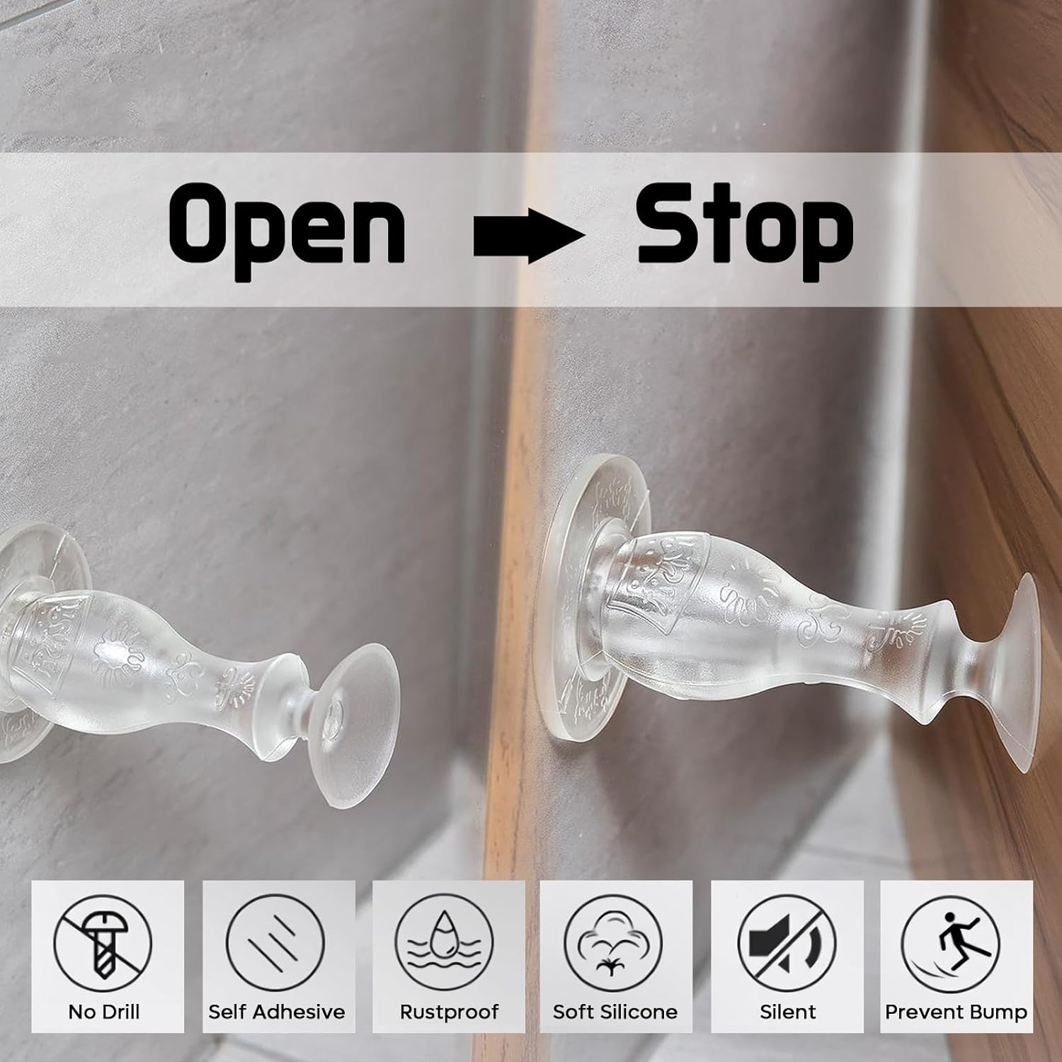 Silicone Door Stopper with Adhesive Base, 6 Pack No-Drill Installation Holder to Keep Open, 8.5 Cm Silent Design for Wall Baseboard Bathroom Bedroom (Black) image number 4