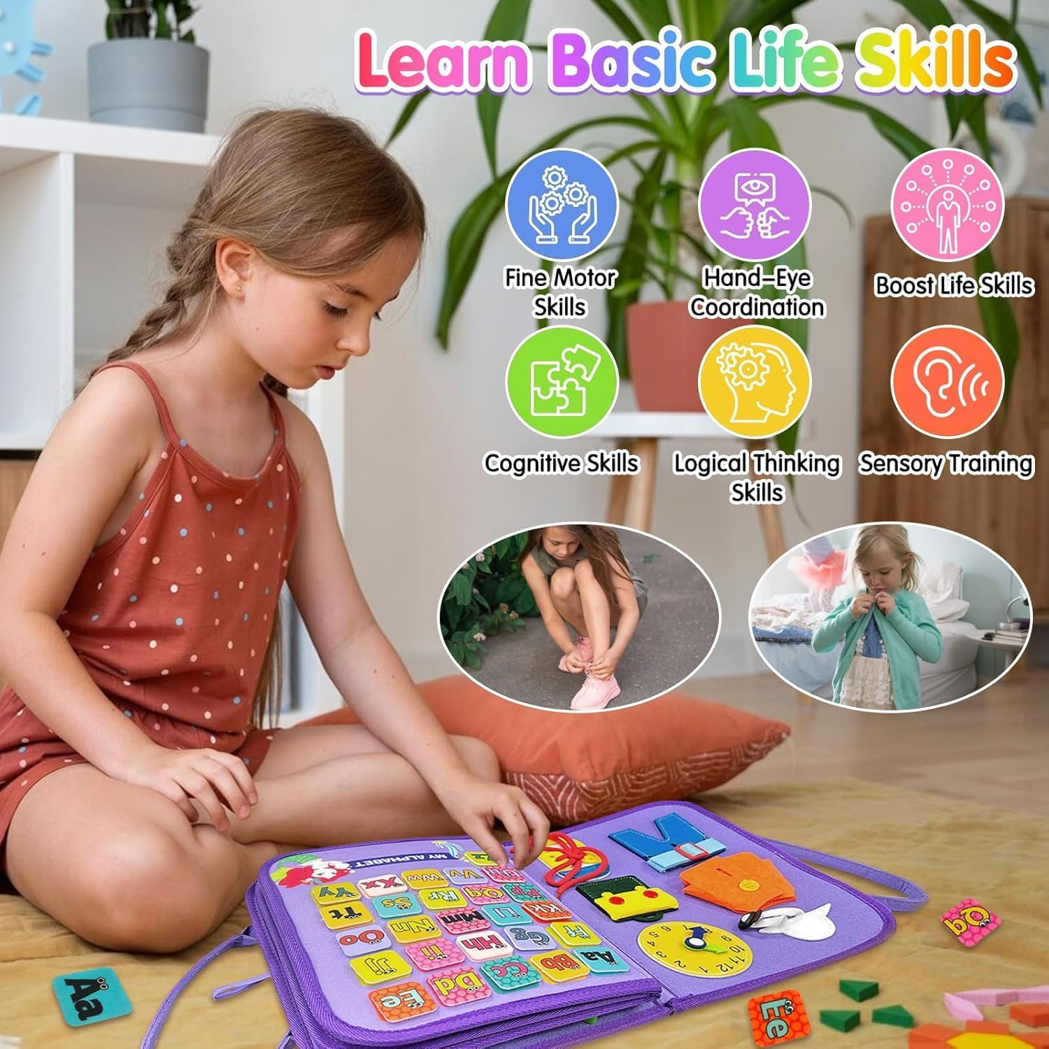 Busy Board Montessori Toys for 3 4 5 6 7 Year Old Toddlers,7 in 1 Busy Book for 3-10 Boys Girls,Educational Activity for Sensory Play,Travel Toys for Plane,Car,Birthday Gifts for Kids image number 4