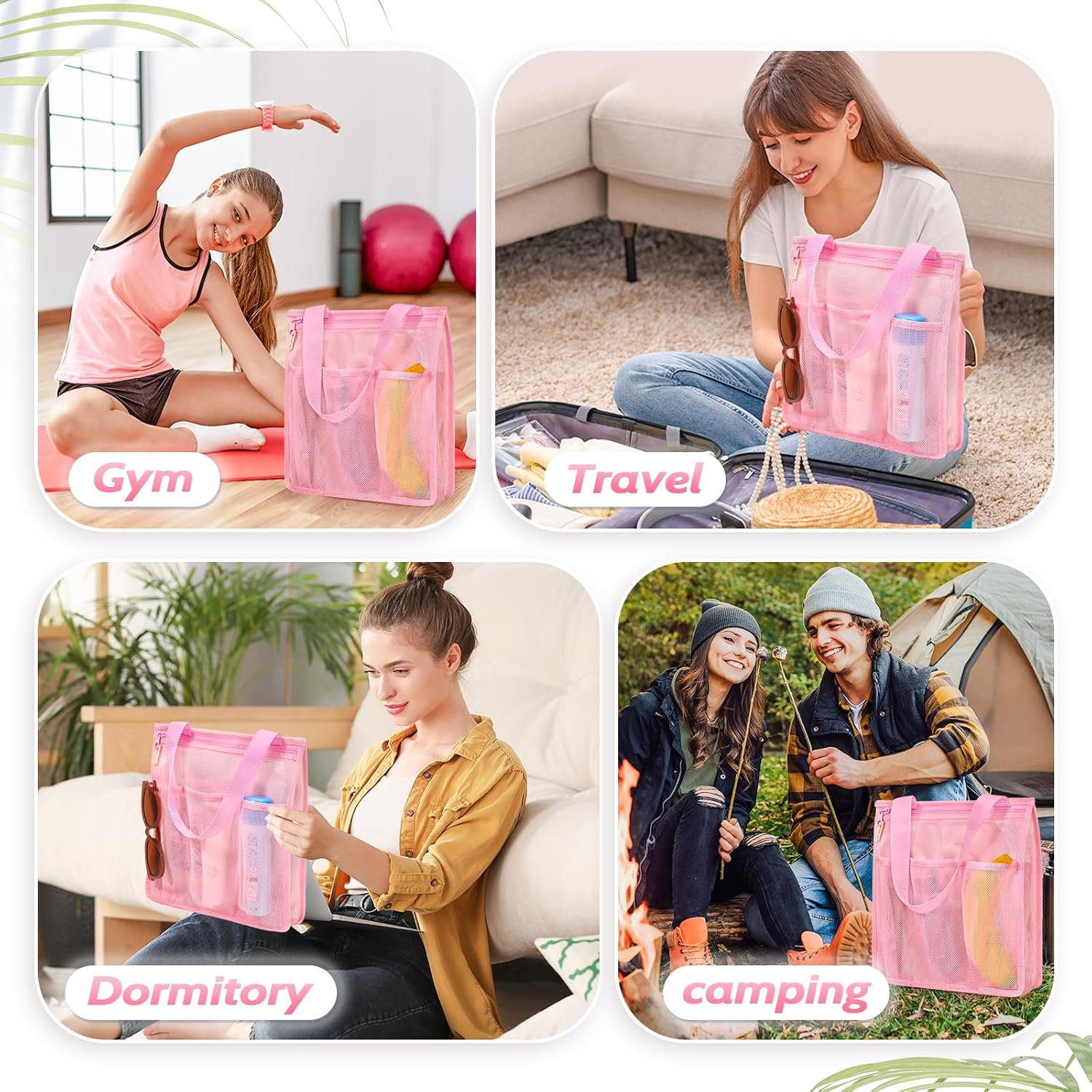 Famichan Mesh Shower Caddy Portable, Gym Travel Camp Dorm Room Essentials for Women and College Girl, Pink Bathroom Shower Bag image number 5