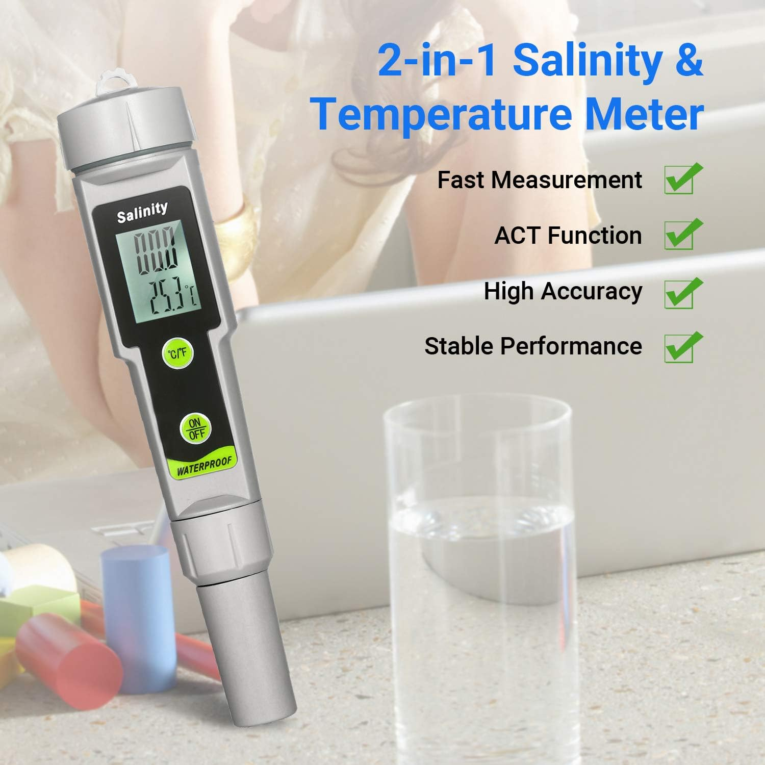 Salinometer Waterproof Salinity Test 2-In-1 Salinity & Temperature Meter Portable Salinity Meter Salimeter Type Salinograph 0~199.9Ppt Range -50~70℃ Temperature Meter ℃/℉ Conversion Beverages image number 2