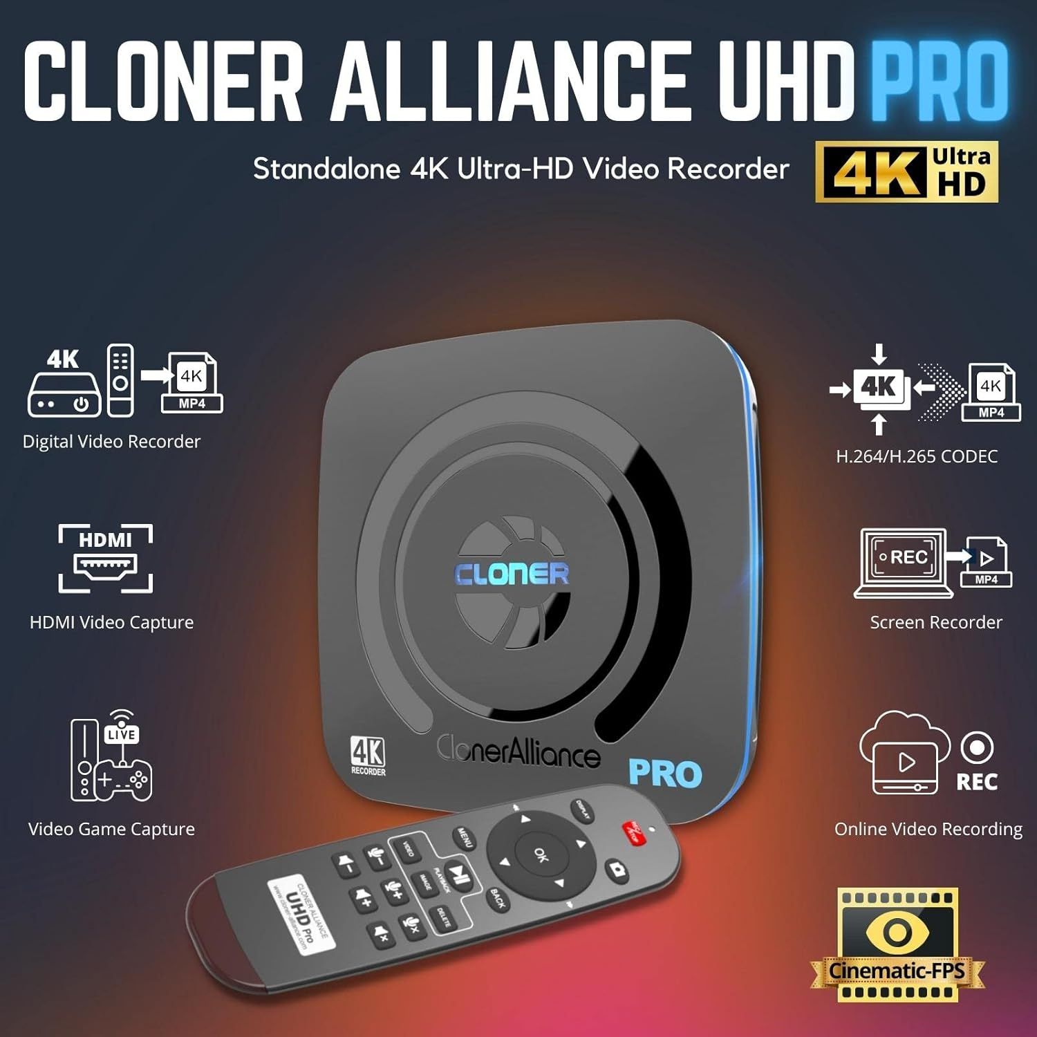 Cloneralliance UHD Pro, 4K Video Recorder, HDMI Capture DVR with H.265/H.264 Codec, Cinematic 4K@24Fps Recording(Up to 4K@30Fps), No PC Required. image number 3