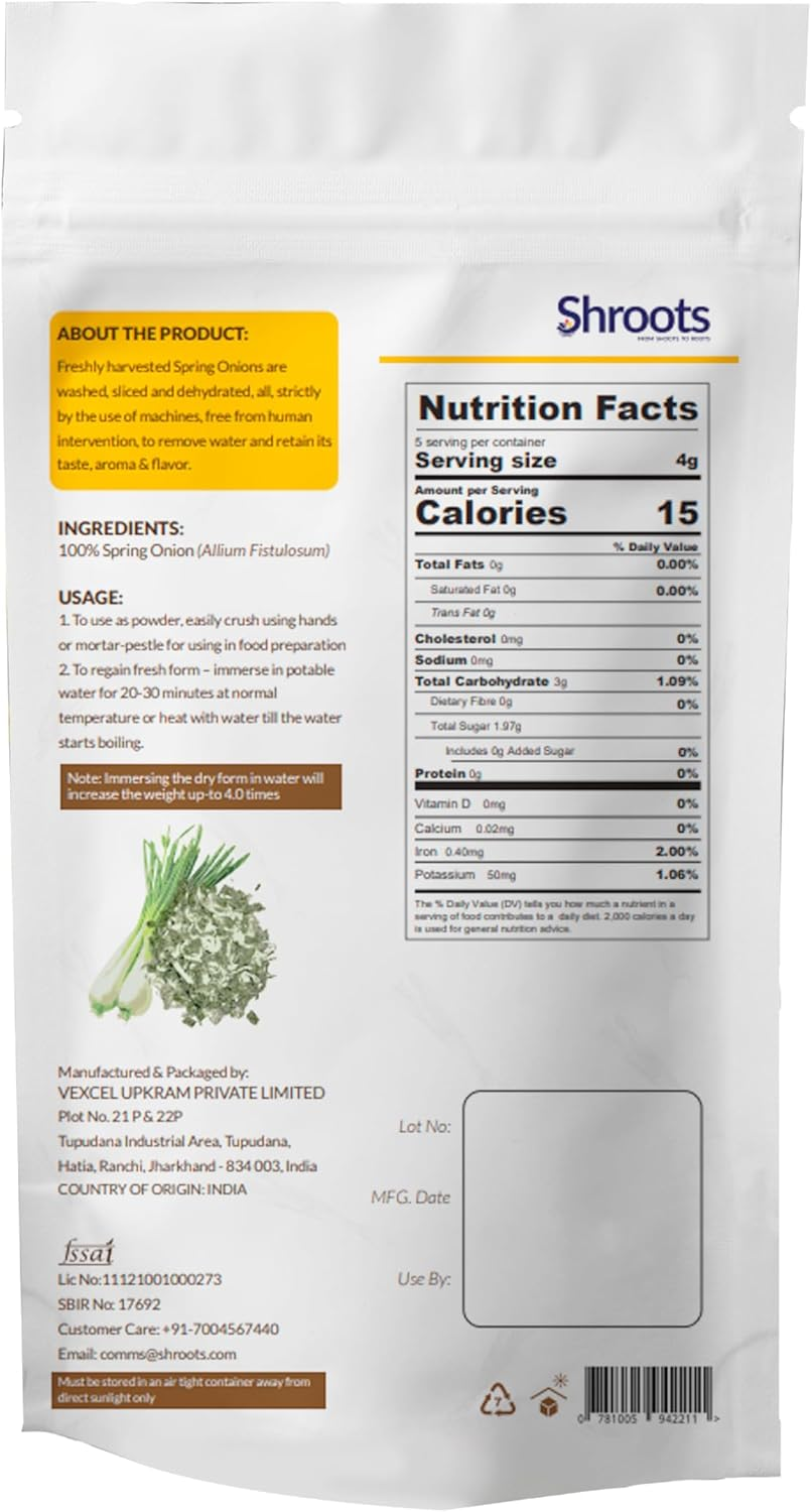 SHROOTS Dehydrated Chopped Spring Onion Flakes Pure Vegetarian No Added Salt Easy Cooking Essential Machine Dried Vegetable with Natural Aroma Ideal for Immune Support & Digestive - 0.71 Oz, Pack of 1 image number 1