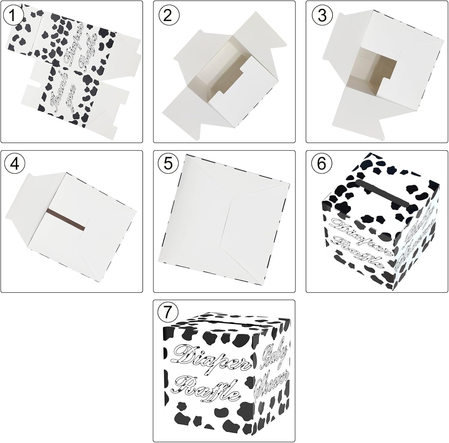 QISOLIY 50 Pieces Cow Baby Diaper Raffle Tickets with Box Baby Shower Game Invitations Cow Diaper Raffle Cards Diaper Raffle Box Set for Baby Shower Gender Reveal Farm Animal Party Supplies Card Box - Cow Print image number 3