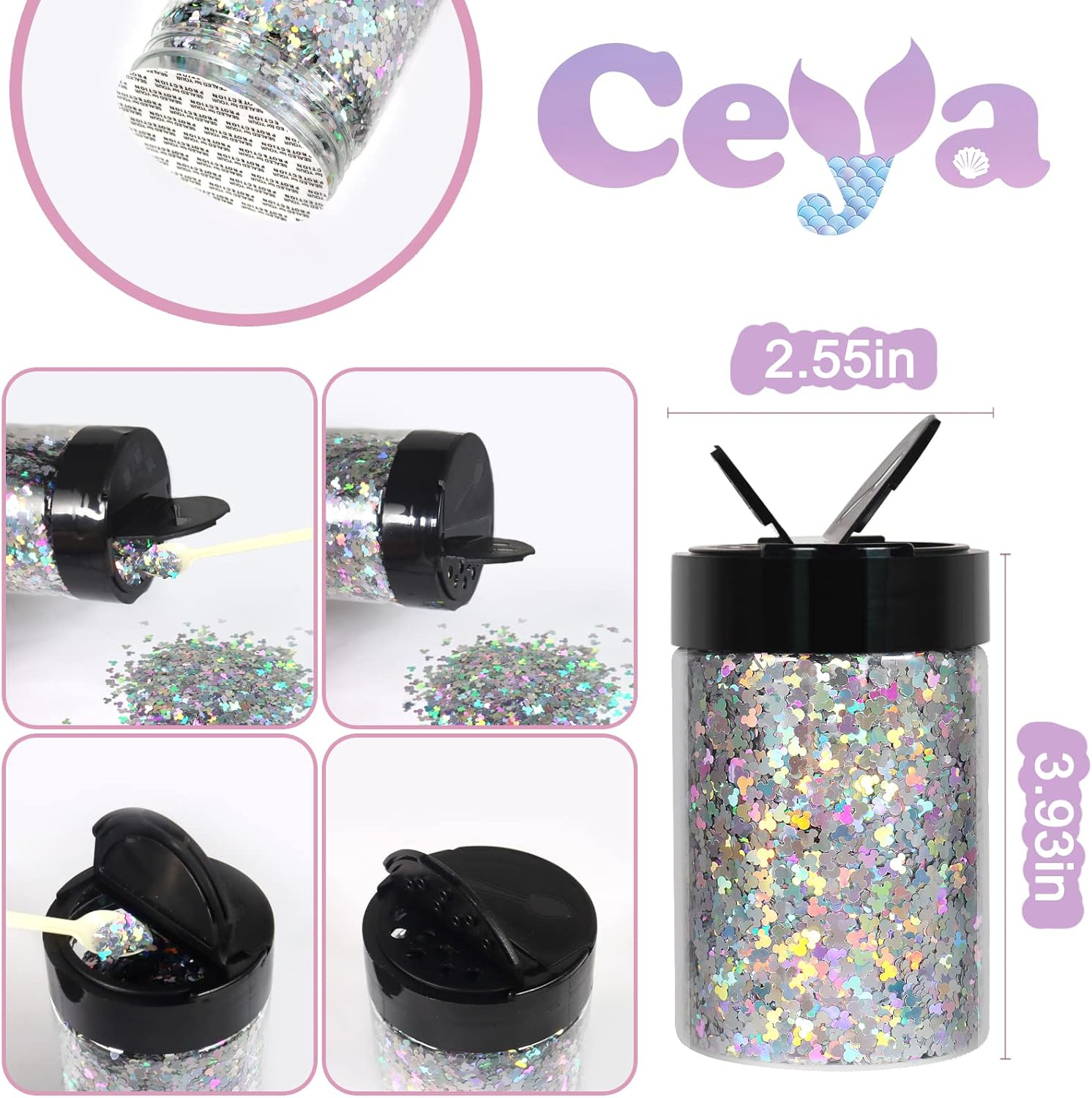 Ceya Holographic Mickay Mouse 4Mm Confetti Glitter,4.4Oz/ 125G Laser Silver Chunky Glitter Resin Sparkle Flakes Iridescent Nail Sequins for Crafts Resin, Slime, Home DIY, Birthday Party, Wedding Decor