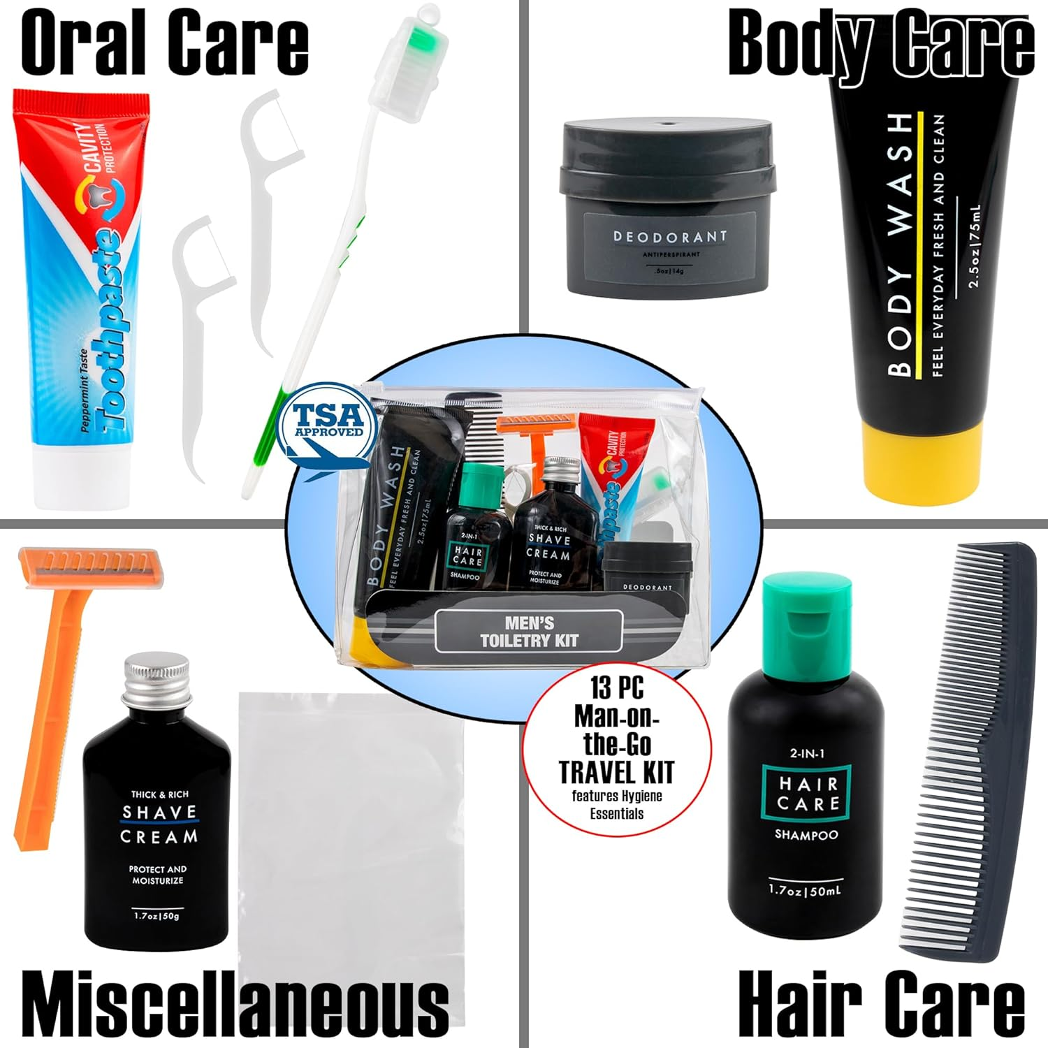Men&rsquo;S Travel Toiletry Bag with Supplies, 13 Piece Travel Size TSA Compliant Oral Care and Grooming Essentials Kit image number 6