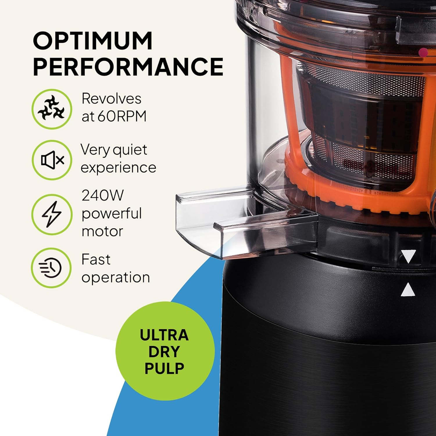 Fridja F1900 Cold Press Juicer, 240W Masticating Slow Juicer with 78Mm (3&rdquo;) Bpa-Free Wide Chute, Black Stainless Steel Body, Juice, Vegan Nut Milks, Sorbet, Ice Cream, Easy to Clean image number 6