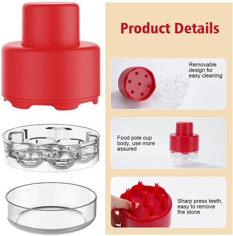 Cherry Pitter 7-In-1 Cherry Pitter Tool Pit Remover Portable Push-Down Cherries Seed Remover No Handle Design for Kitchen, Picnics (Red) image number 3