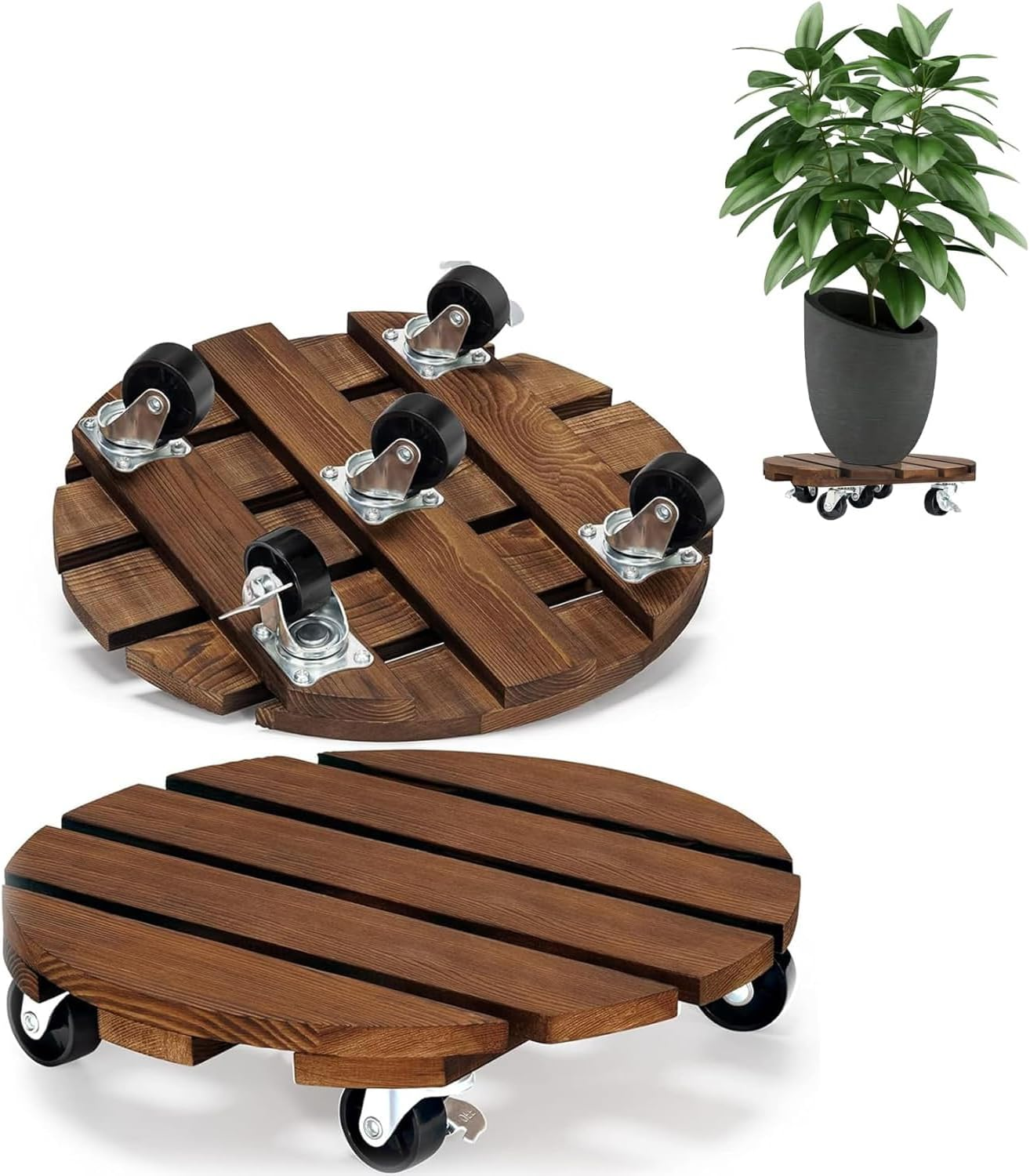 WEZCHUGHAOL 2-Pack Wood Plant Caddy with 360&deg; Lockable Wheels, Rolling Plant Stand for Indoor Outdoor Flower & Succulent Pots, round Pot Caster Tray 30X30X8Cm image number 5
