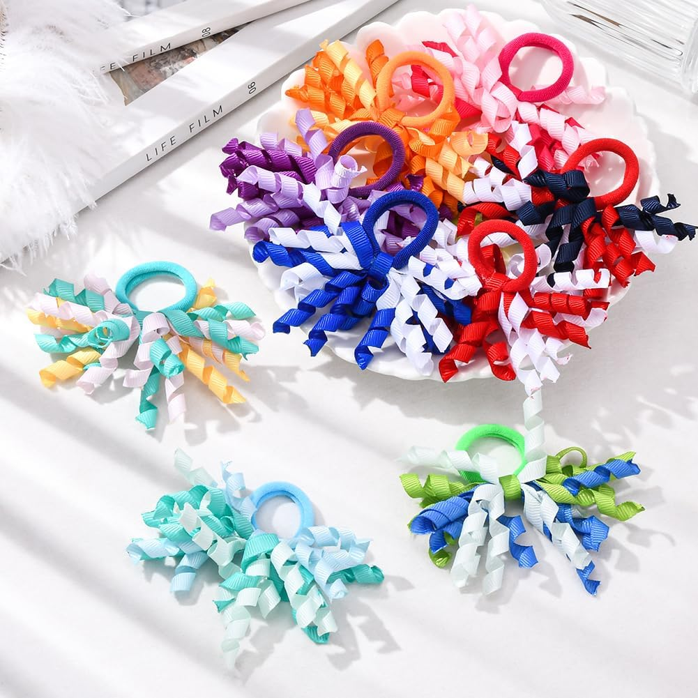 SOFPLATE Pack of 18 9 Colours Curling Bands Hair Bows Colourful Hair Bands Bows Rainbow Corker Elastic Polyester Bow Boutique Curls Ponytail Holder Accessories for Short Long Hairstyle DIY Decoration image number 3