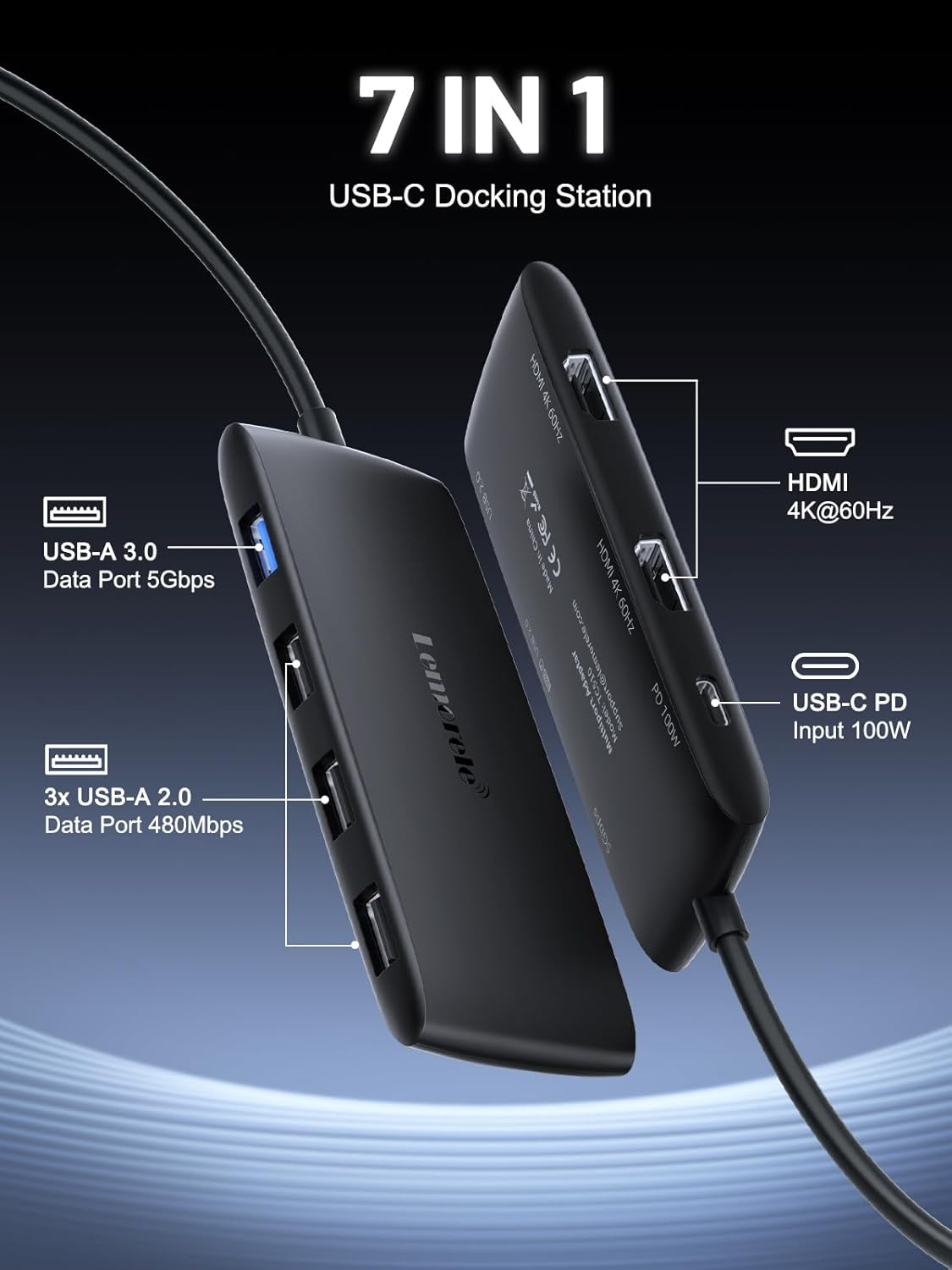 Lemorele Docking Station Dual Monitor- 7-In-1 USB C Hub with 2 HDMI Adapter 4K@60Hz,Usb 3.0 & 3-Port USB 2.0,100W PD Charging,Plug and Play for Dell/Hp/Macbook/Surface Laptop image number 6