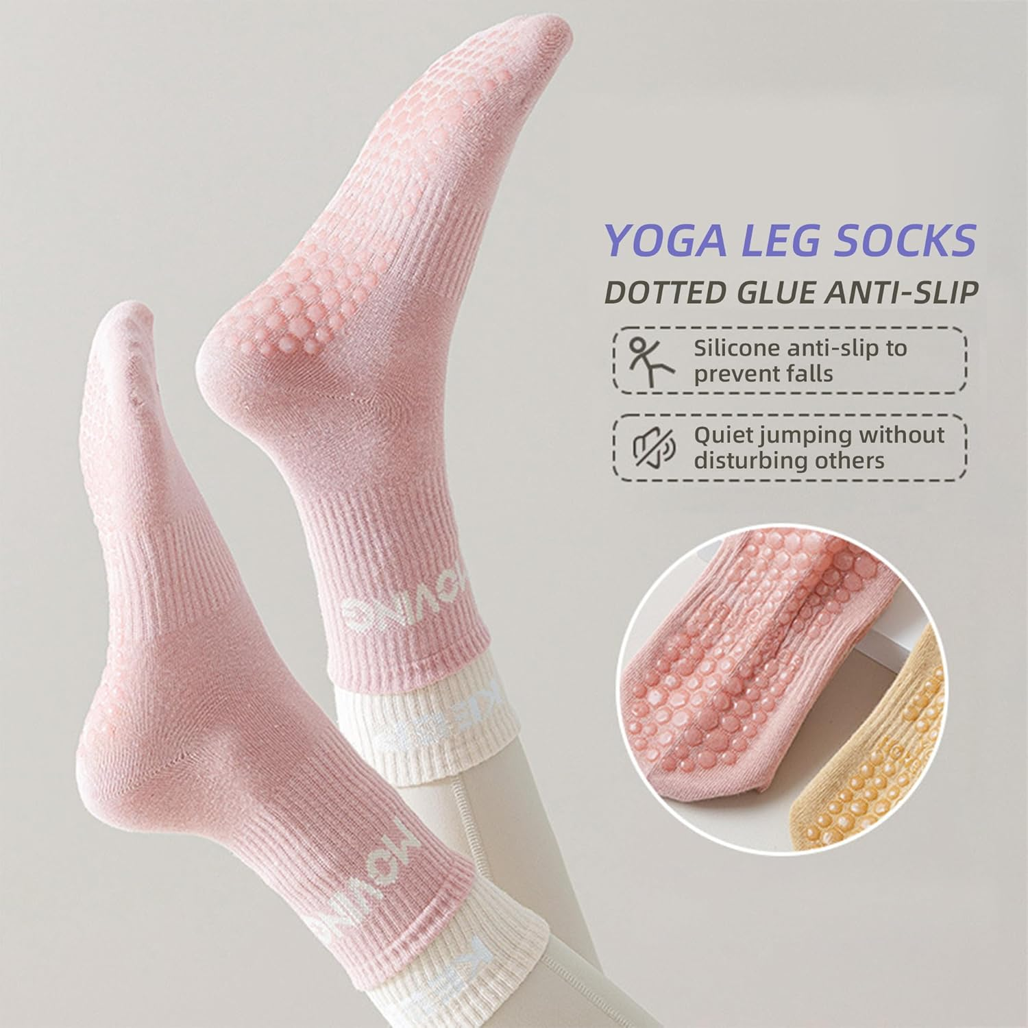 Pilates Grip Socks for Women - Non-Slip Yoga Workout Crew Socks for Gym Dance Training Barre Fitness