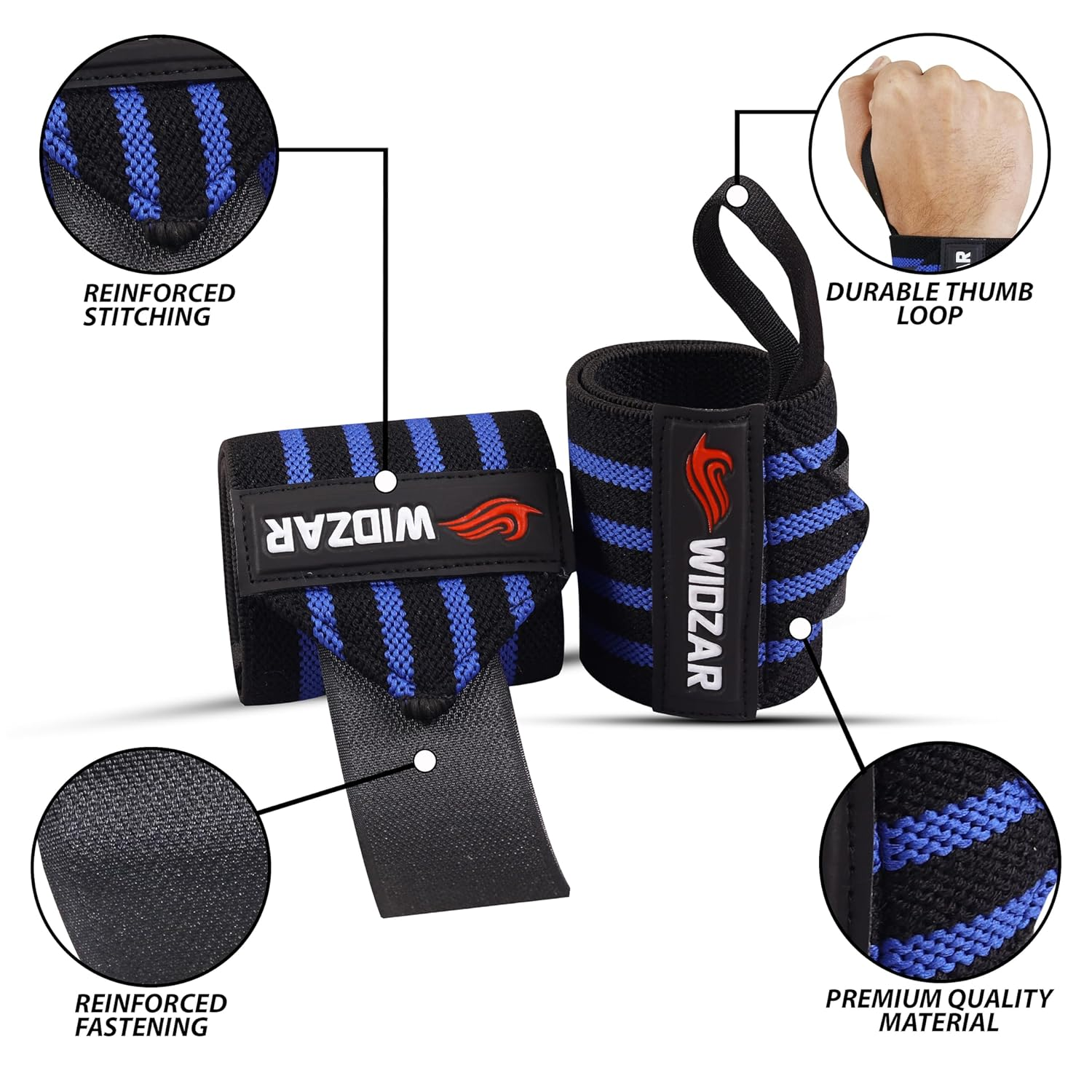 Widzar Wrist Wraps - Support Brace for Weightlifting, Powerlifting, Workout, Bodybuilding & Gym Training - Adjustable Straps with Attached Thumb Loops, Ergonomic Design for Men and Women (Blue Stripes) image number 4