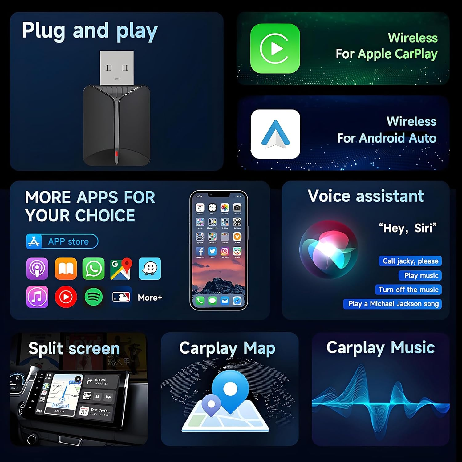 Mini Wireless Carplay Adapter for Cars with Built-In Wired Apple Carplay & Android Auto, USB-A/C Support, Plug and Play Easy Use Fast Stable Connection Car Play Dongle for Iphone/Android