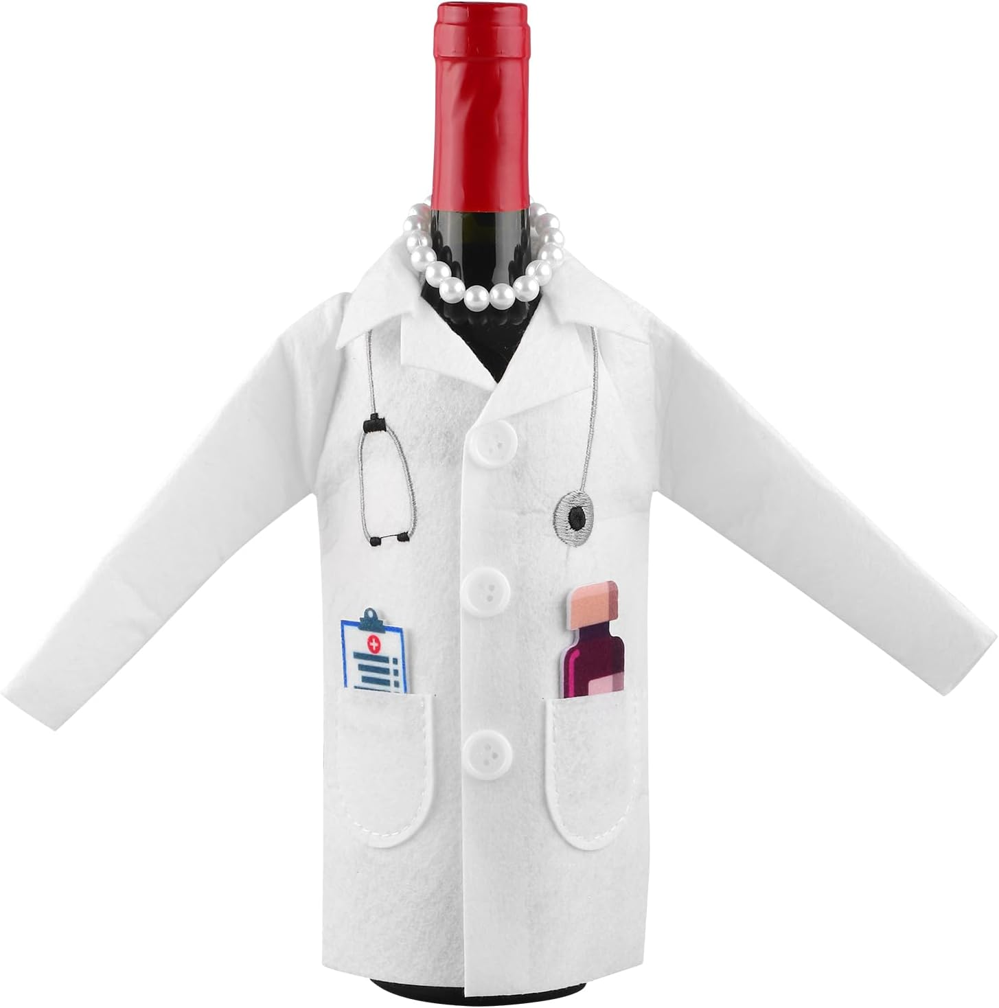 White Coat Wine Bag, Felt Nurse White Jacket Wine Bottle Cover with Syringe Chain Thermometer Funny Wine Packing Clothing Cover Nurse Practice Gifts for Men Women Graduation, Bronze image number 1