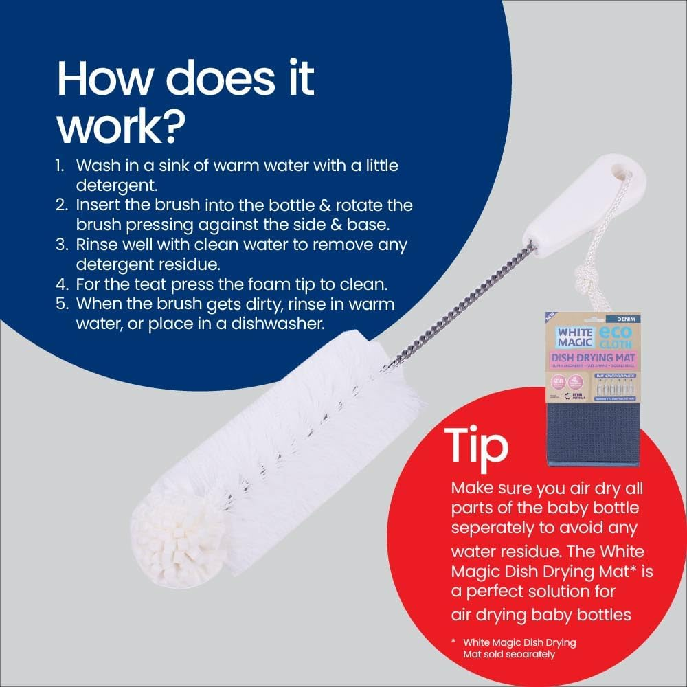 White Magic Foam-Tipped Baby Bottle Washing Brush &ndash; 34Cm, Made in USA, Bpa-Free, Gentle Dual-Action Foam Tip, Efficient Cleaning for Bottles and Baby Accessories, Ergonomic Grip image number 1