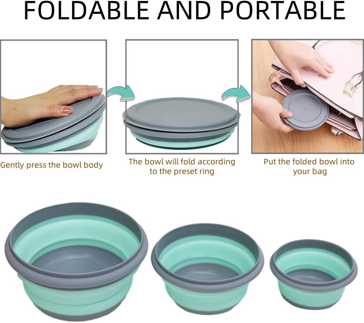 3Pcs Collapsible Bowls,Food Grade Silicone Camping Bowl Salad Bowl with Lids, Portable Expandable Lunch Box Food Storage Container for Camping Travel and Picnic image number 1