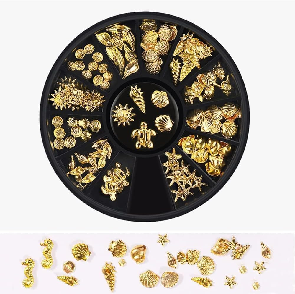 12 Styles Nail Art Metal Studs Gold Metallic 3D Pieces Rivet Palm Tree Turtles Marine Life Charms for Summer Beach Ocean Manicure DIY Acrylic Nails Design Supply Nail Art and Polish(Gold Ocean Studs) image number 2