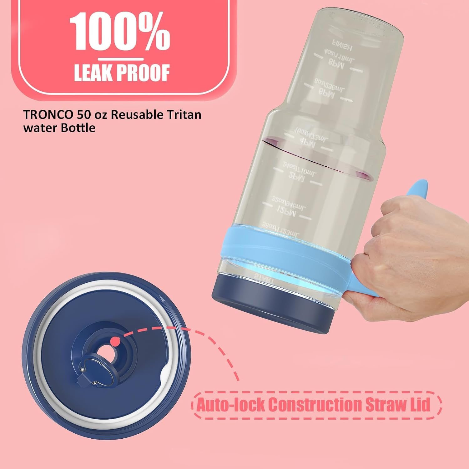 Tronco 50Oz Tritan Plastic Tumbler with Lid & Straw &ndash; Bpa-Free, Clear Water Bottle with Time Markers &ndash; 100% Leak-Proof, Wide Mouth &ndash; Perfect for Iced Coffee, Juice, Smoothies & Bubble Tea image number 4