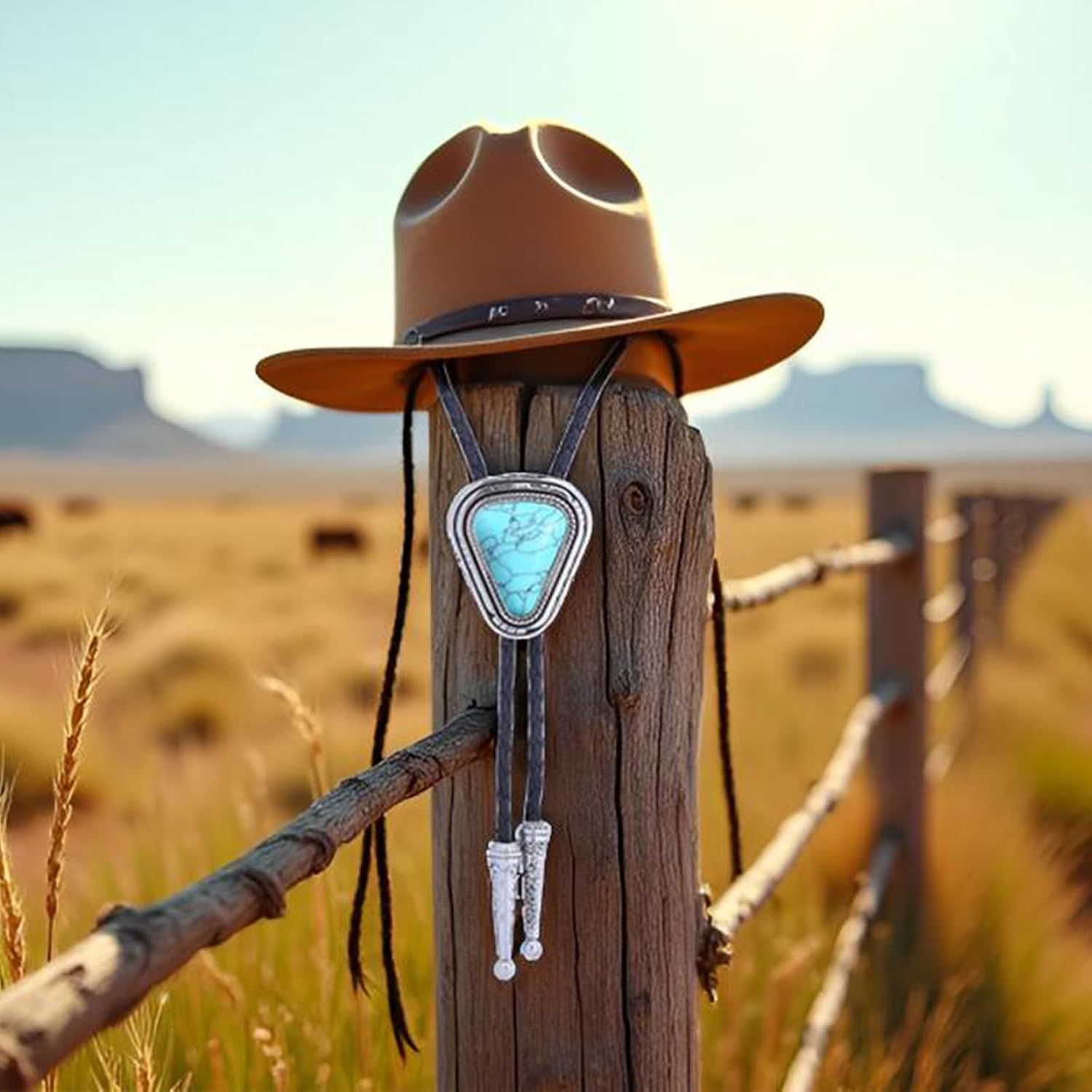 Turquoise Bolo Tie for Men, Leather Braided Necktie, Western Cowboy Style, Costume Accessory image number 1