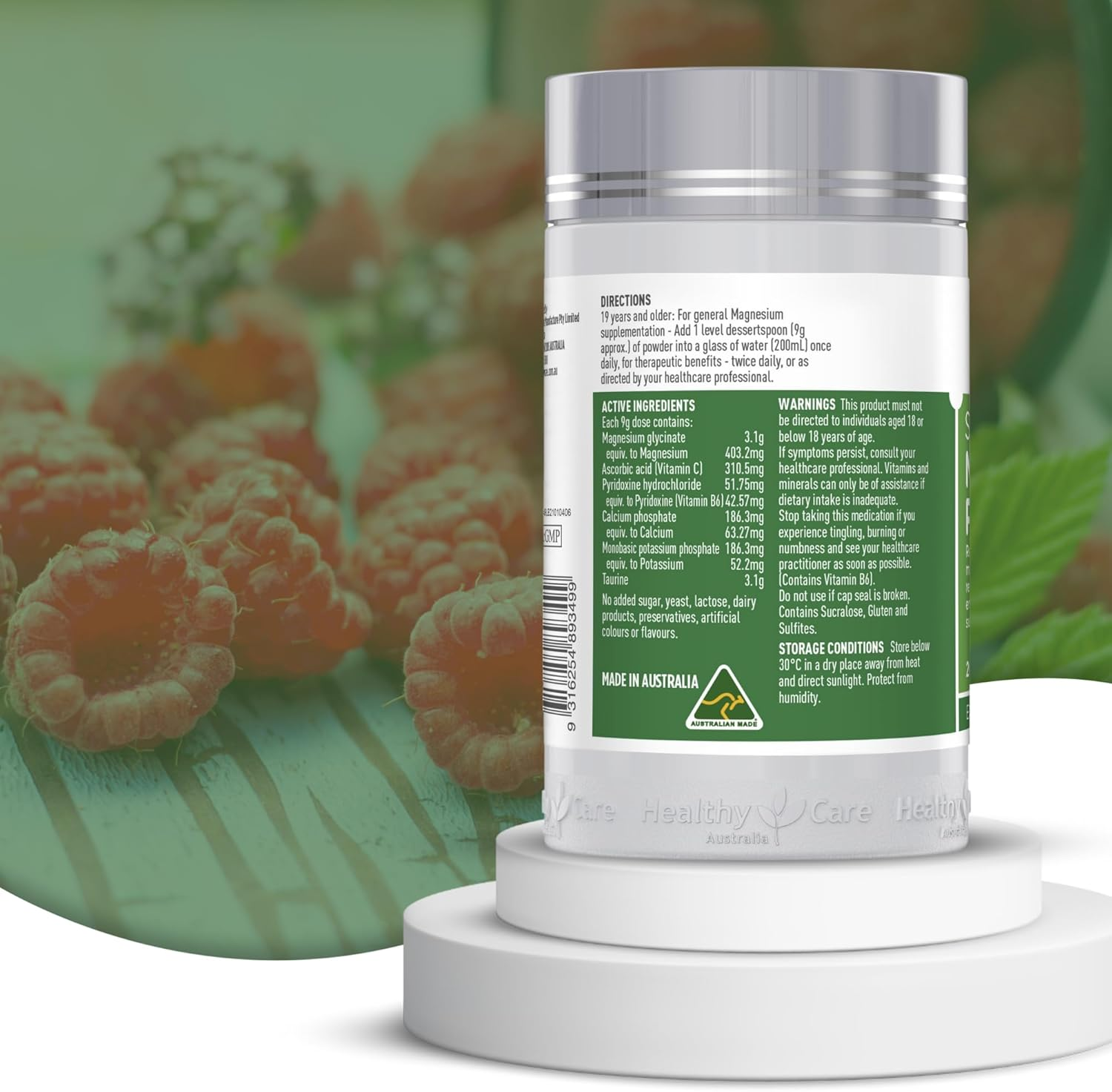 Healthy Care Super Magnesium Raspberry Powder - Supports Muscle Function and Boosts Energy Levels - All Natural Ingredients - 200 G image number 4