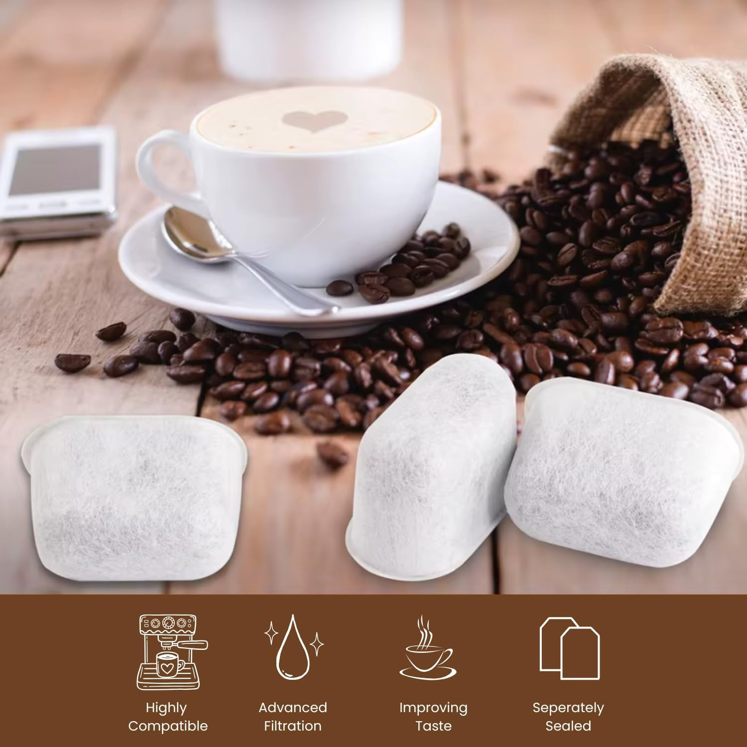 6Pcs Water Filter Replacement Cartridge with Activated Carbon Charcoal Coffee Maker & Brewers Filter Pods Compatible with Breville Barista Express Oracle Machines - Enhance Coffee Taste and Quality image number 2