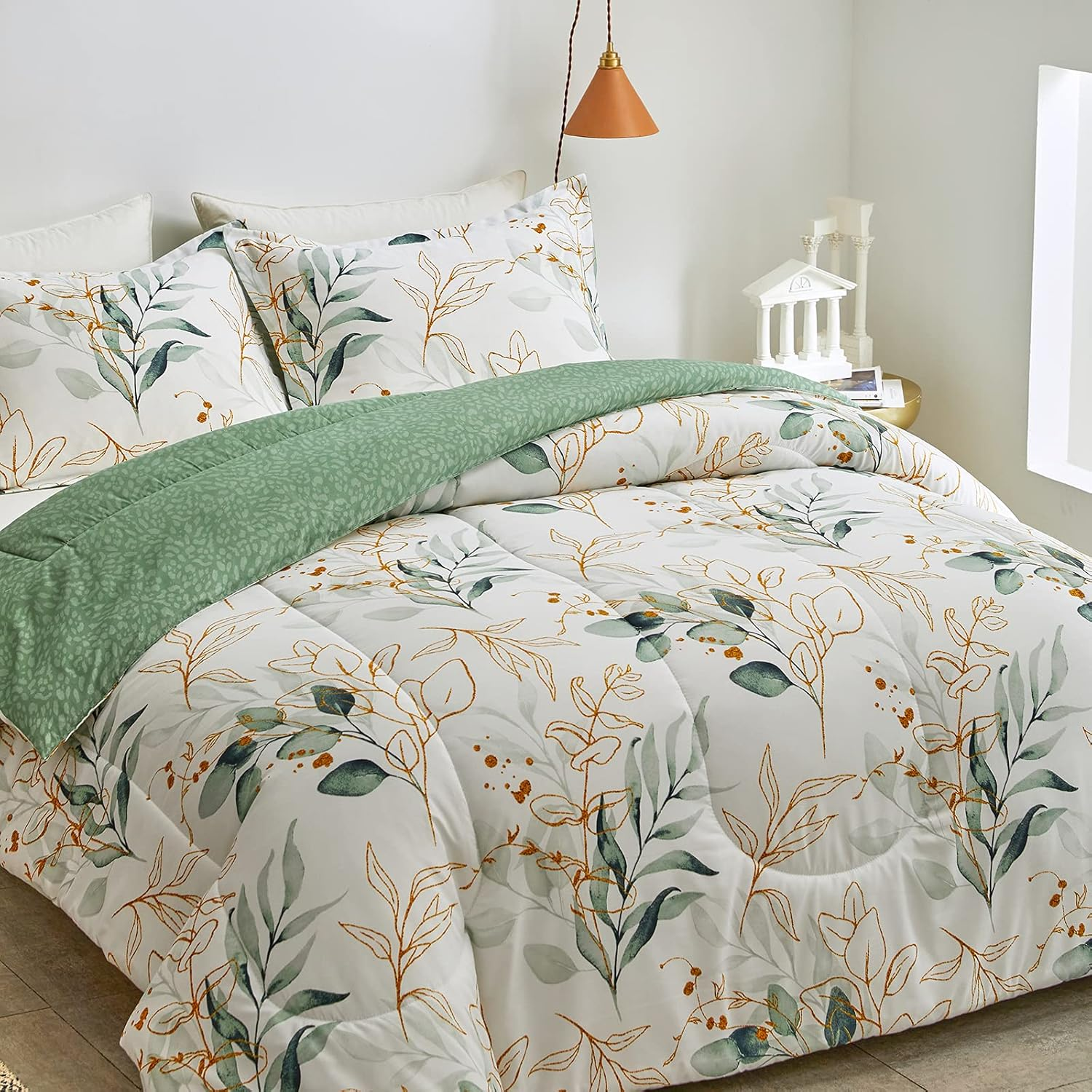 Joyreap 3Pcs Botanical Comforter Set King, Green N Golden Leaves on White Reversible Design, Smooth Soft Microfiber Bedding Comforter Set for All Season, 1 Comforter N 2 Pillow Shams, 102X90 Inches image number 4