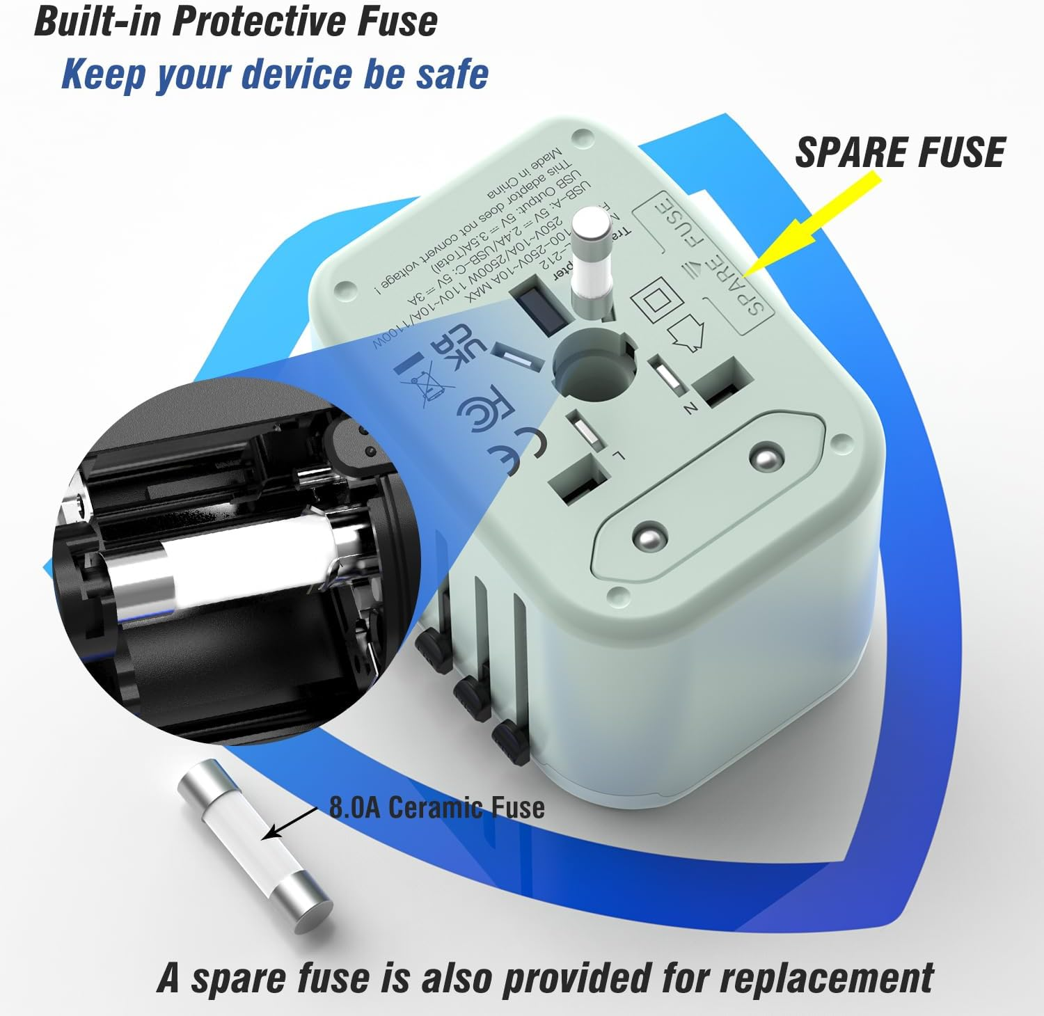 Universal International Power Travel Plug Adapter, 5 in 1 European Travel Plug Adapter W/ 3.5A 2Xusb-A and 2Xusb C Wall Charger and Worldwide AC Outlet for Europe USA Japan UK AUS Asia-Green image number 1