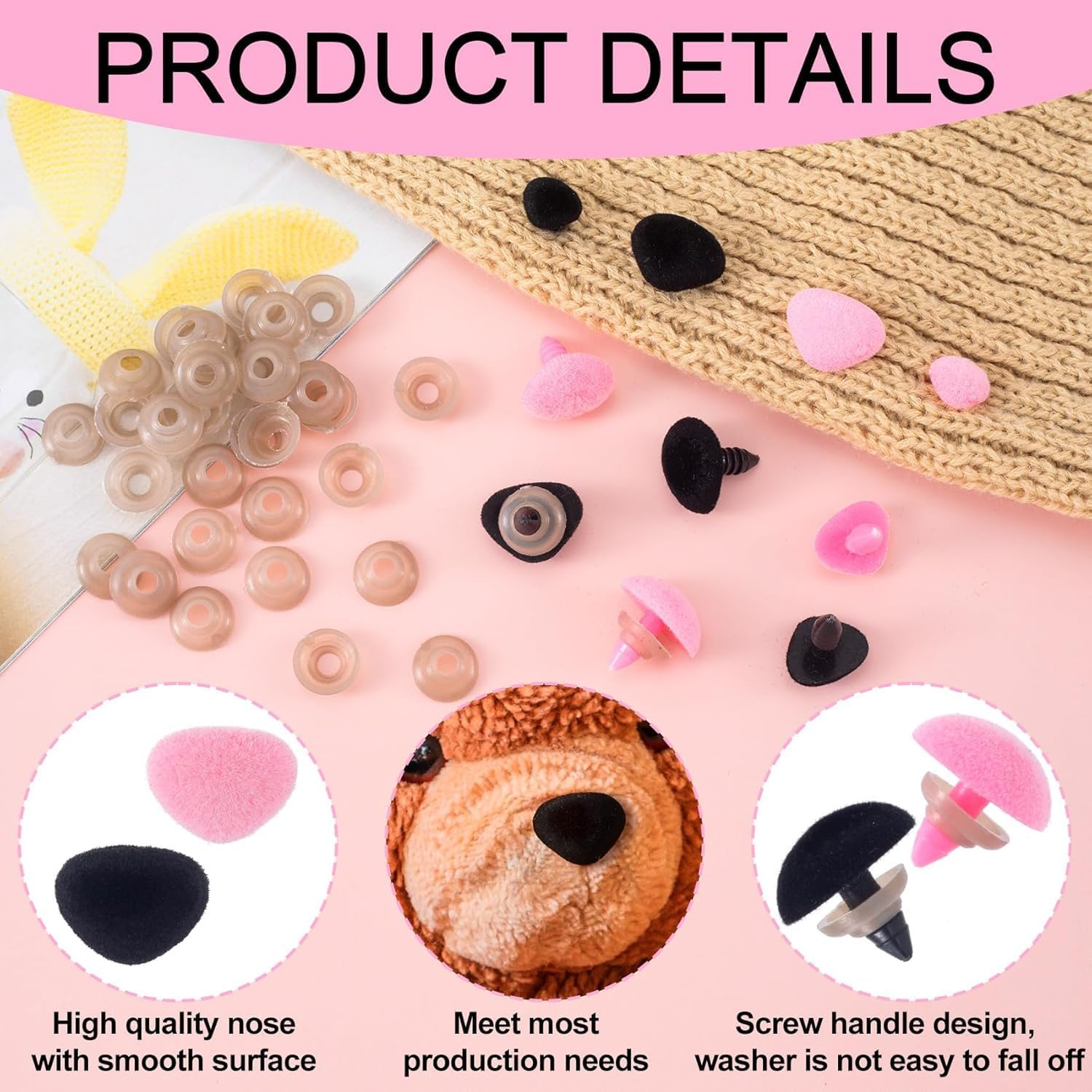 32Pcs Safety Noses 11/15/17/18Mm Plastic Noses with Washers, Flocking Teddy Bear for Crochet, Plush, and Craft Puppets (Pink & Black) image number 5