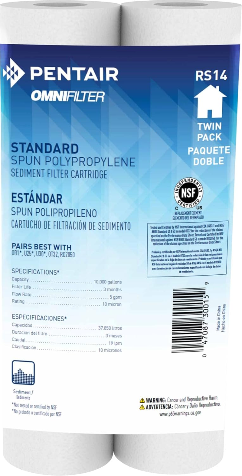 Pentair Omnifilter RS14 Sediment Water Filter, 10-Inch, Standard Whole House Polypropylene Spun Sediment Replacement Filter Cartridge, 10" X 2.5", 10 Micron, Pack of 1 image number 3
