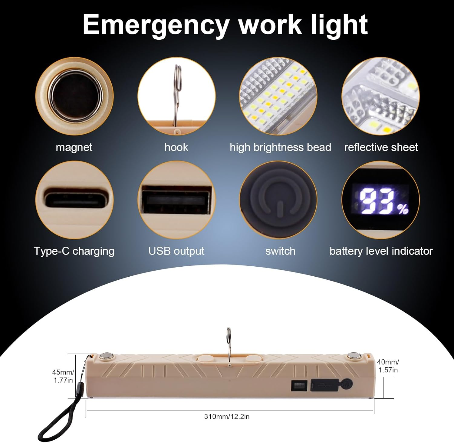 Rechargeable LED Work Light 32CM, Portable Flood Light LED Flashlight Floodlight Camping Lights Spotlights, Security Light for Car Repair Warehouse Garden Fishing Camping Hiking Emergency