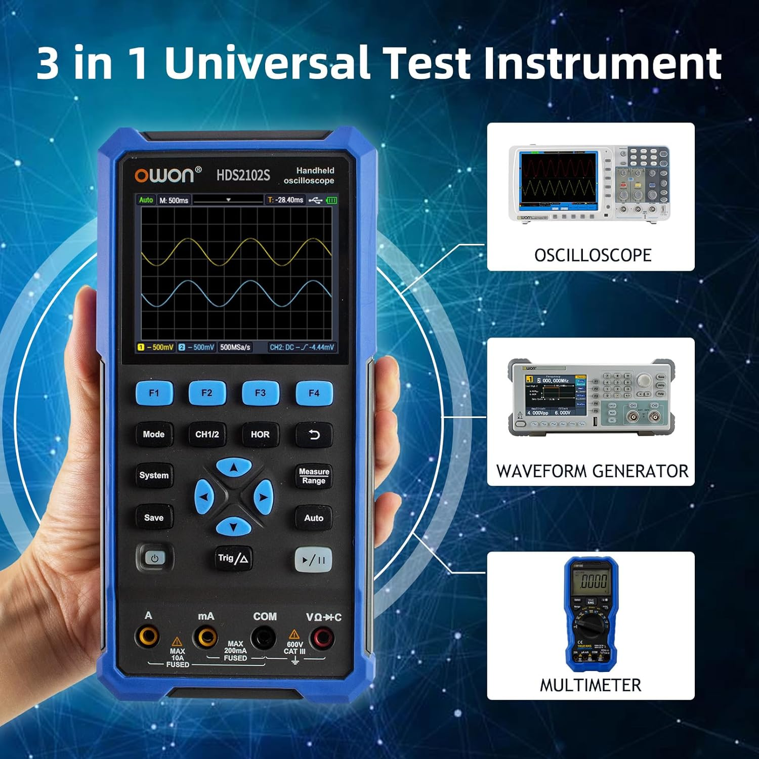 OWON Oscilloscope Hds2102S 3 in 1 Digital Handheld Oscilloscope Multiumeter,2-Ch 100 Mhz Bandwidth USB Type-C Interface, 20000 Counts Digital Multimeter with 3.5 Inch LCD Display image number 5