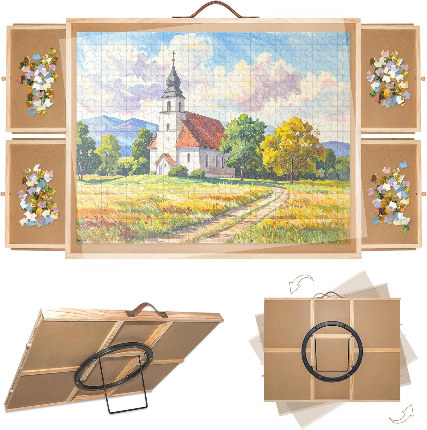 1500 Pieces Jigsaw Puzzle Board, 2-In-1 Tilting & Rotating Puzzle Table, 35"X27"Portable Wooden Jigsaw Table for Adults, Includes 4 Storage Drawers, Leather Handle, Non-Slip Surface, Protective Cover image number 1