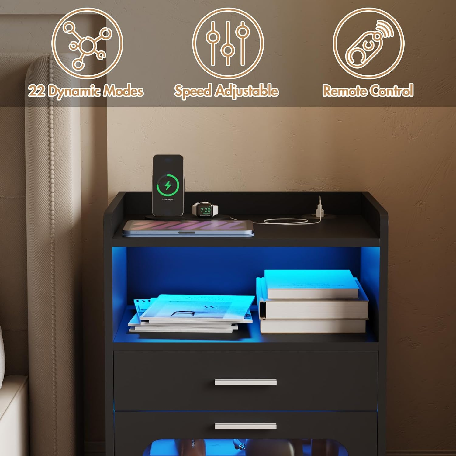 Advwin Bedside Table with 2 Drawers(1 Glass Visible), Large Nightstand with LED Light, Wireless Charging Station and USB Port for Bedroom Living Room, Black image number 5