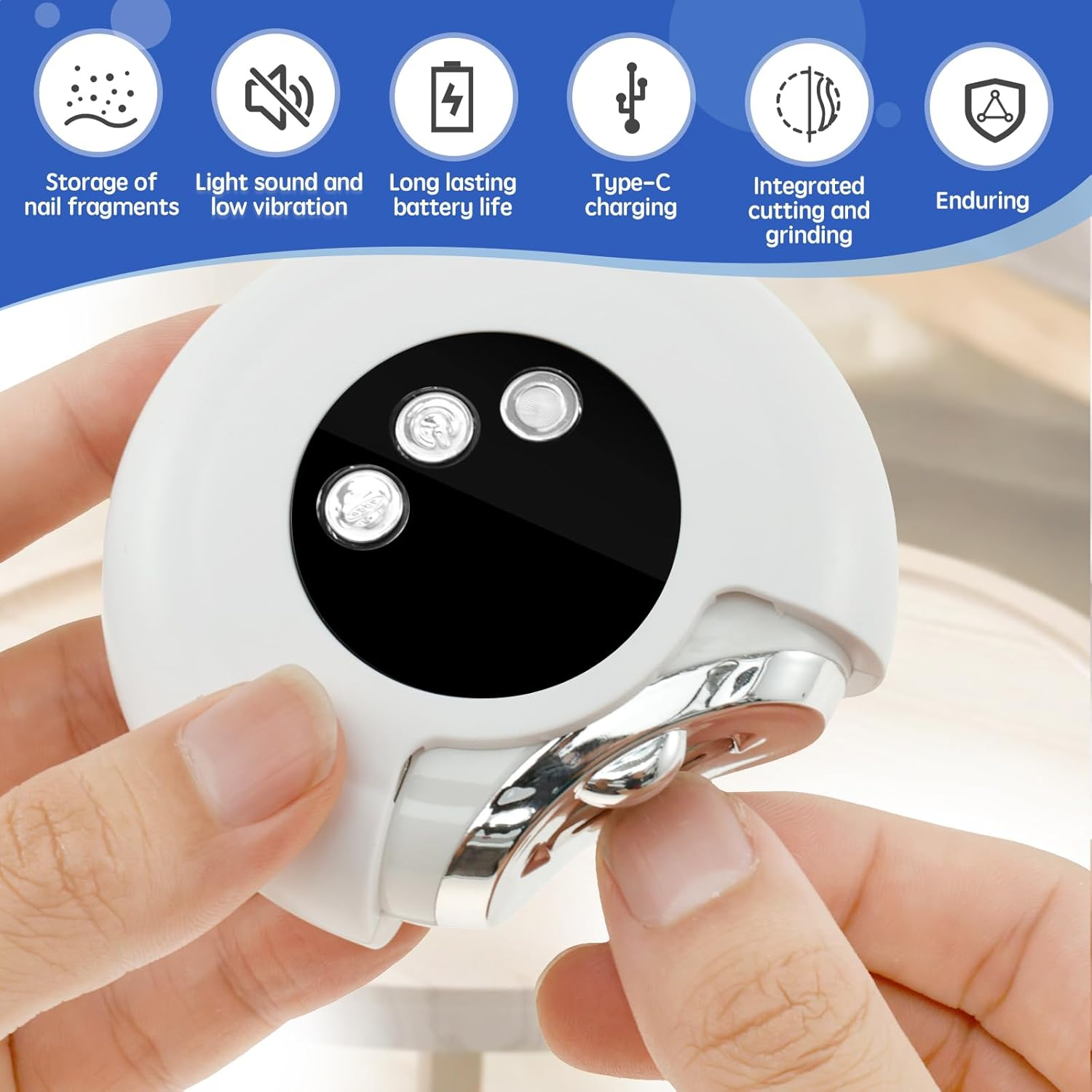 Electric Nail Clippers 3 in 1 USB Rechargeable Auto Nail Clipper 360&deg; Rotating Electric Nail Sharpener with LED Light and 2 Adjustable Speeds and Nail Clip Suitable for Adults
