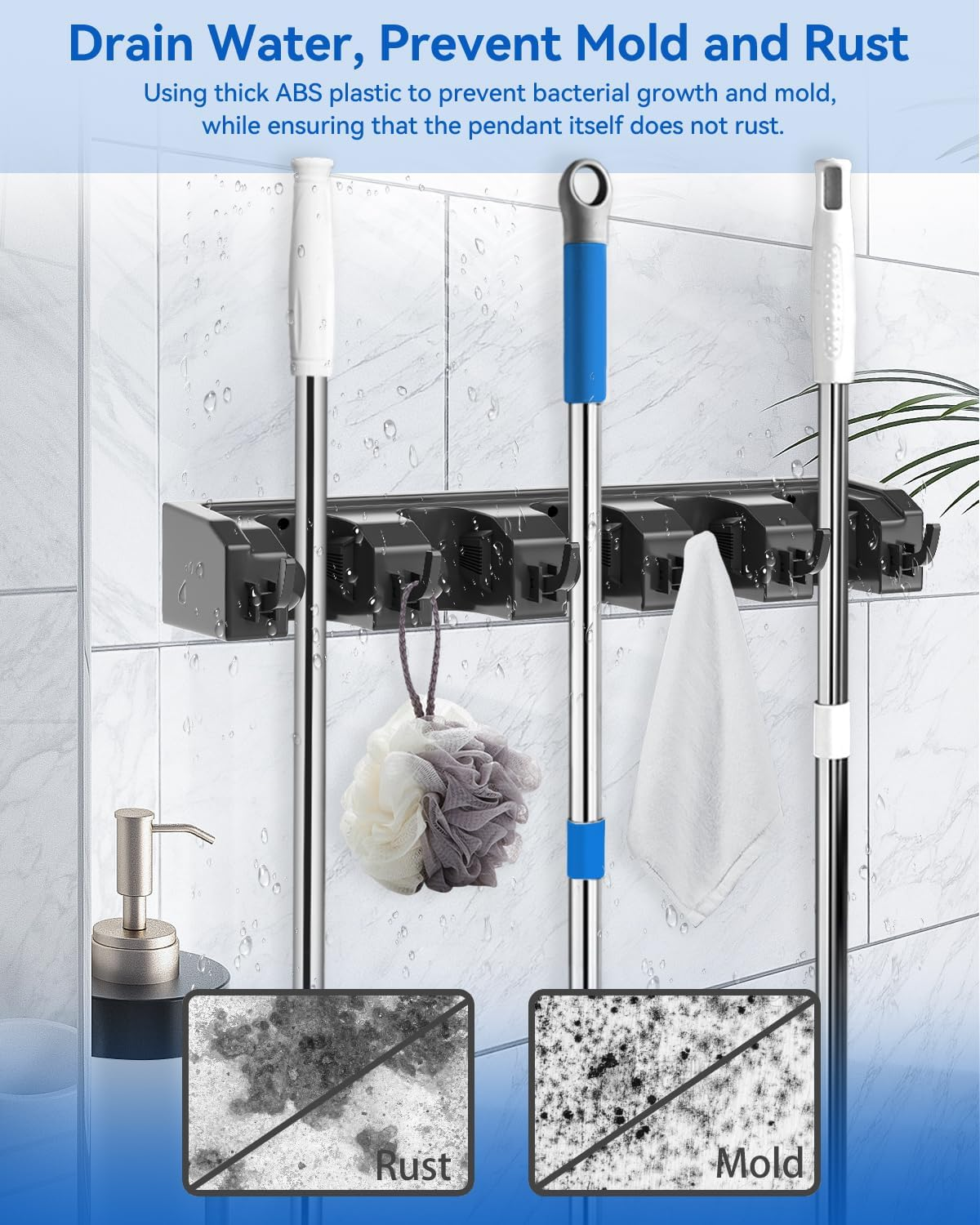 Acemining Broom Holder Wall Mounted, 2 Pack 5 Holders and 6 Hooks Mop Holder, ABS Plastic Brush Holder, Thick and Durable Mop Wall Holder Black image number 1