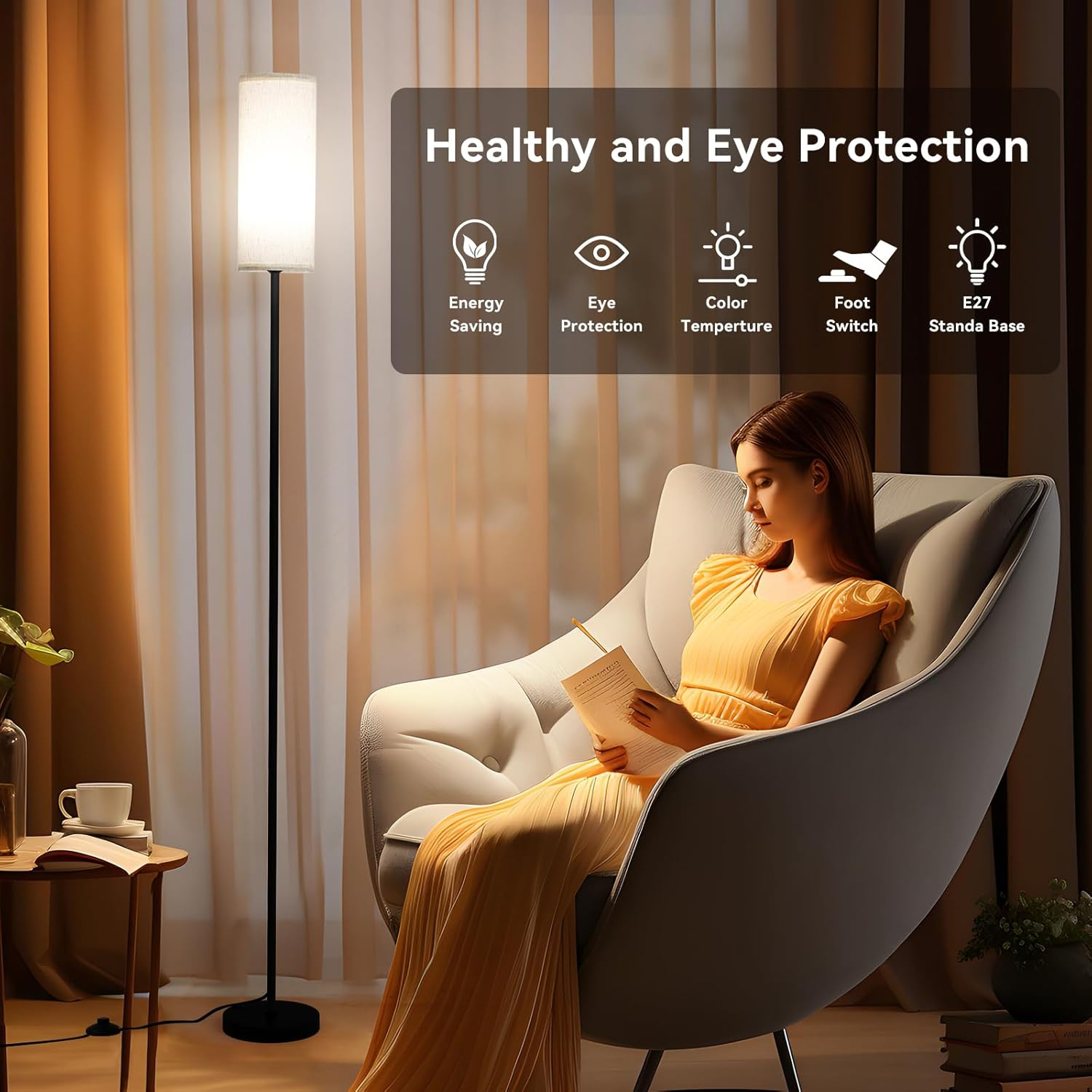 LED Floor Lamp for Living Room,Dimmable Standing Lamps with Foot Switch,3 Color Temperature Black Pole Lamp with Lampshade,Corner Floor Lamp for Bedroom Office Kid Room image number 4