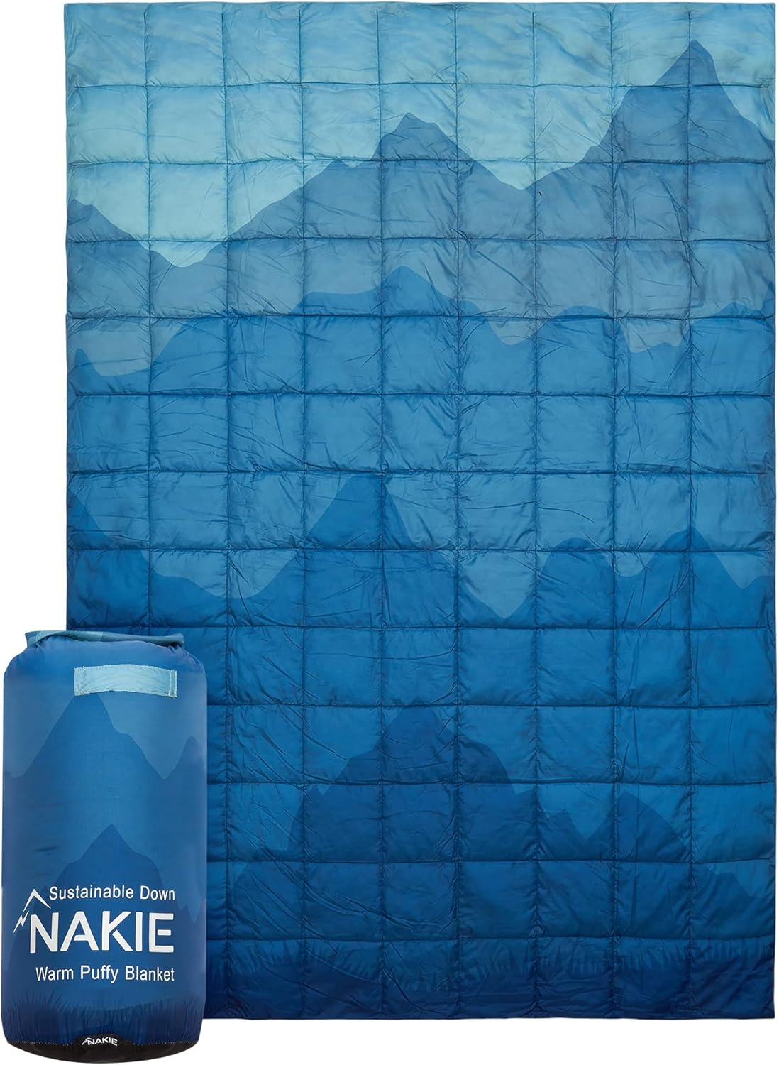 Nakie Puffy Blanket - Compact, Light Weight Portable, Camping, Travel and Hiking, Sustainable (Mountain Blue)
