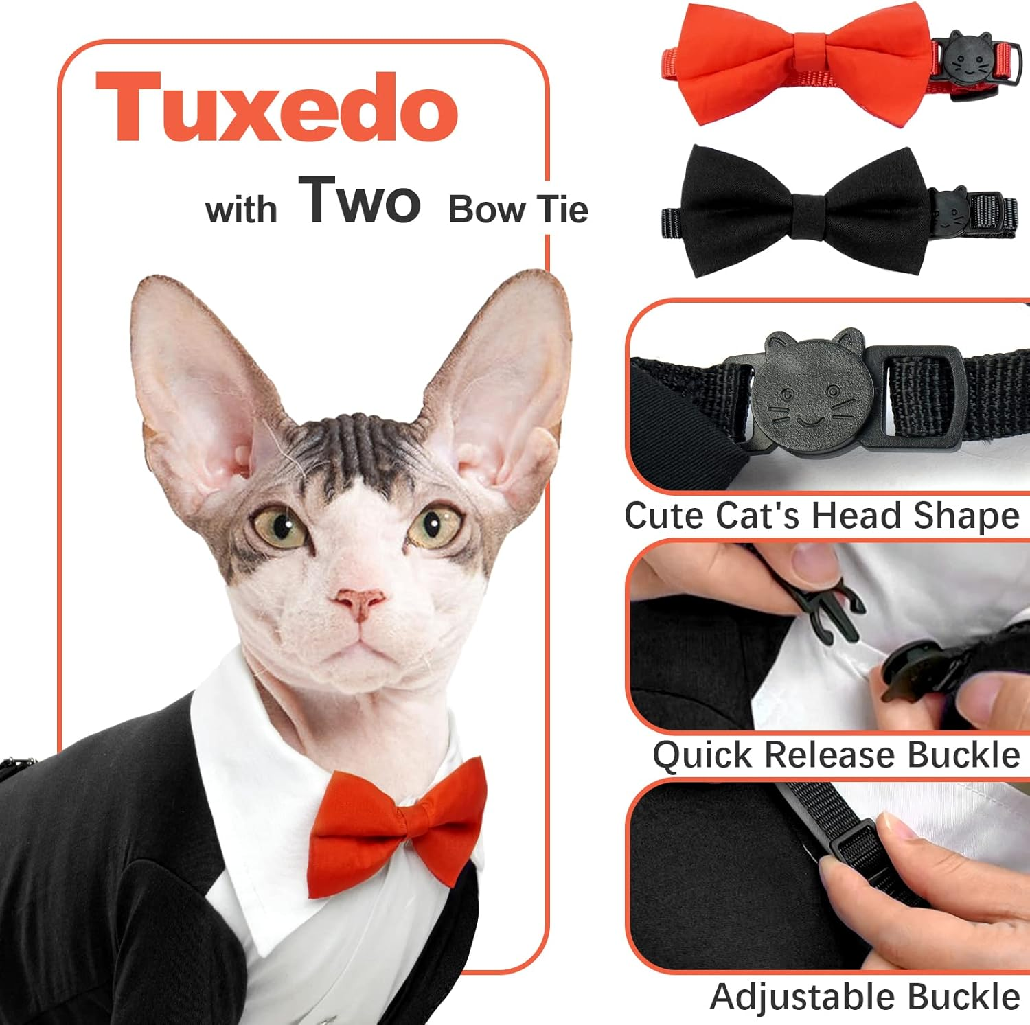 Cat Wedding Suit, Hairless Cat Tuxedo Formal with 2 Pieces Cat Collars with Bow Tie Shirt Cat Coat Wedding Costumes for Small Medium and Large Cats (Black, S) image number 4